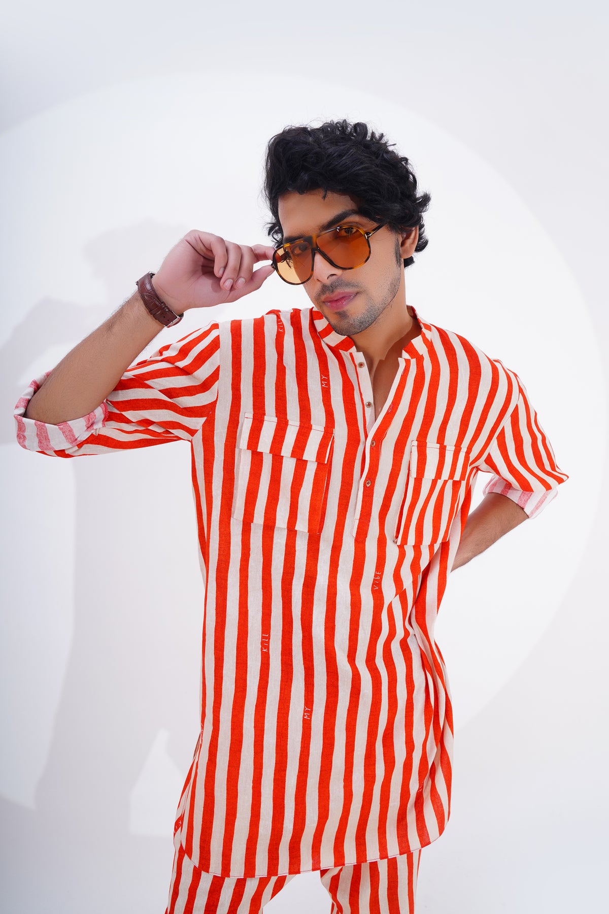 Red Striped Printed Kurta Set