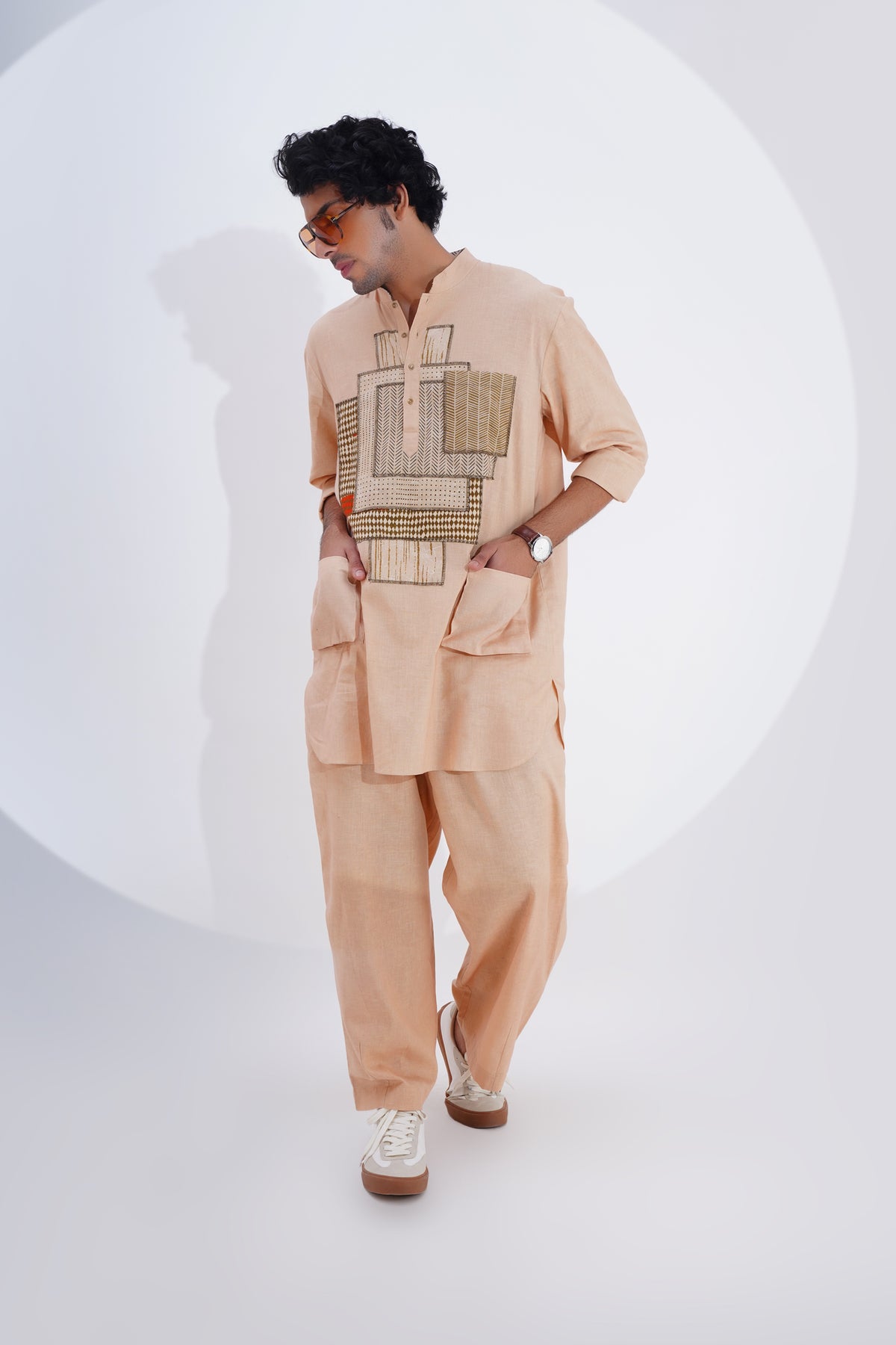 Beige Pojagi Patch Work Kurta Set