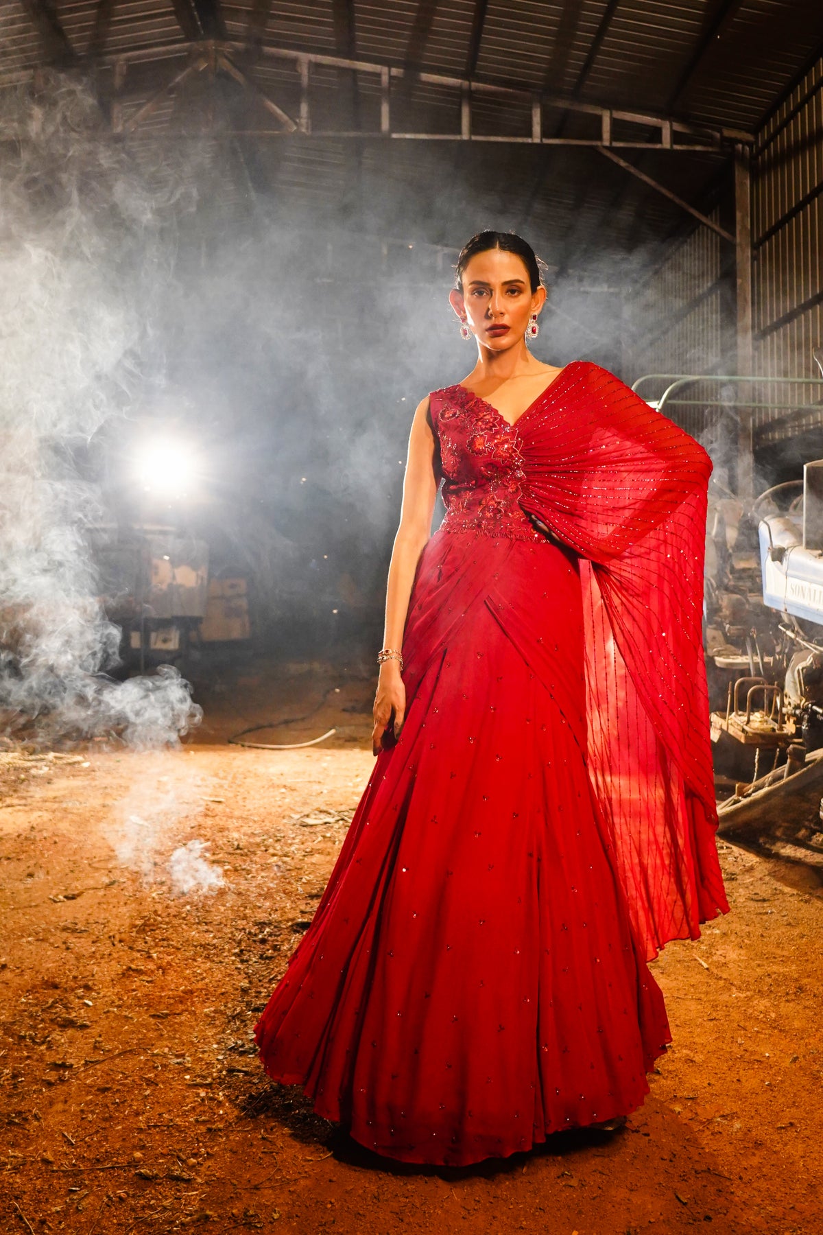 Red Draped Saree Set