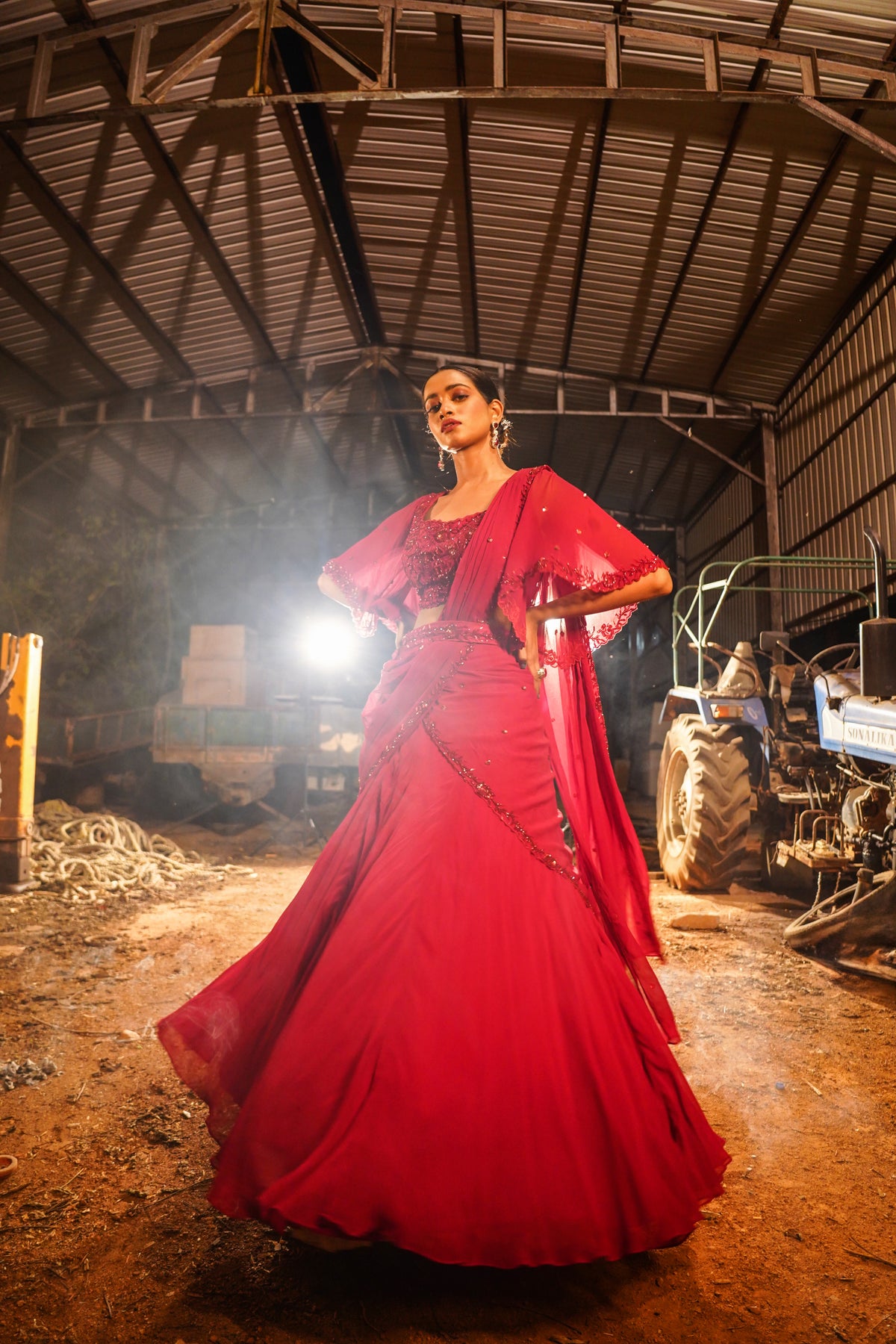 Red Drape Lehenga Set