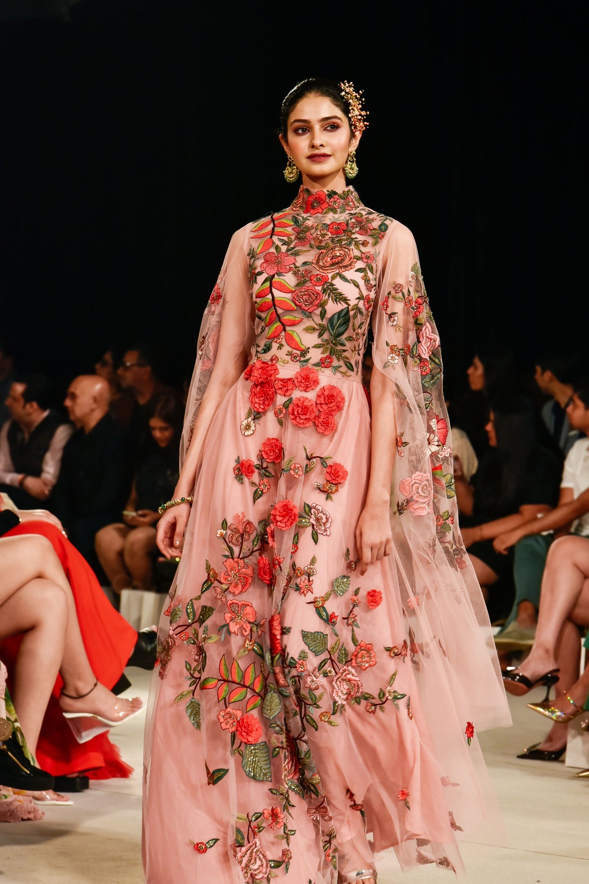 Pink Floral Embroidered Tulle Gown