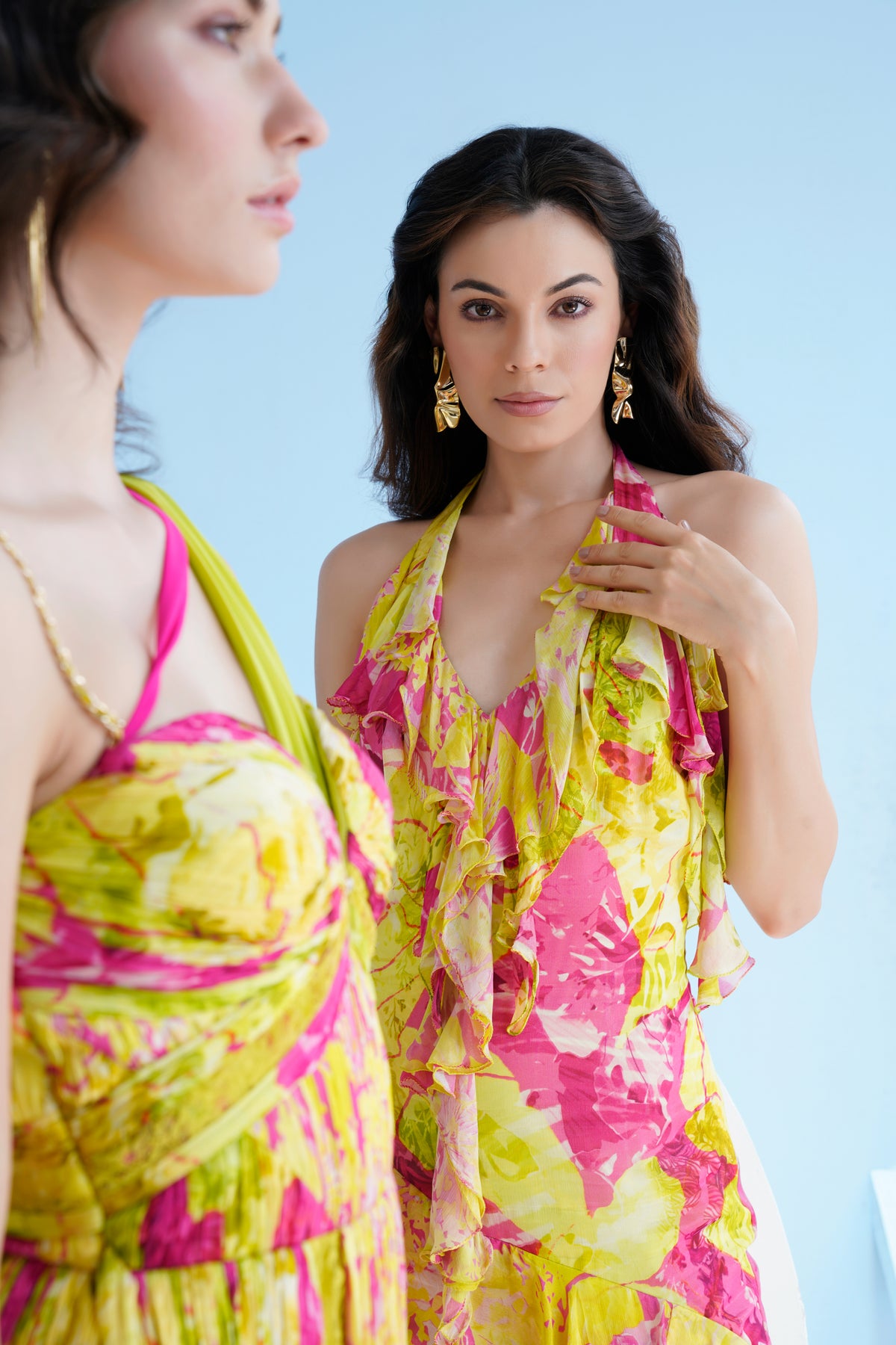 Neon Pink Floral Printed Halter Dress