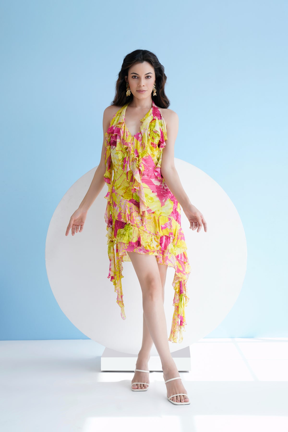 Neon Pink Floral Printed Halter Dress