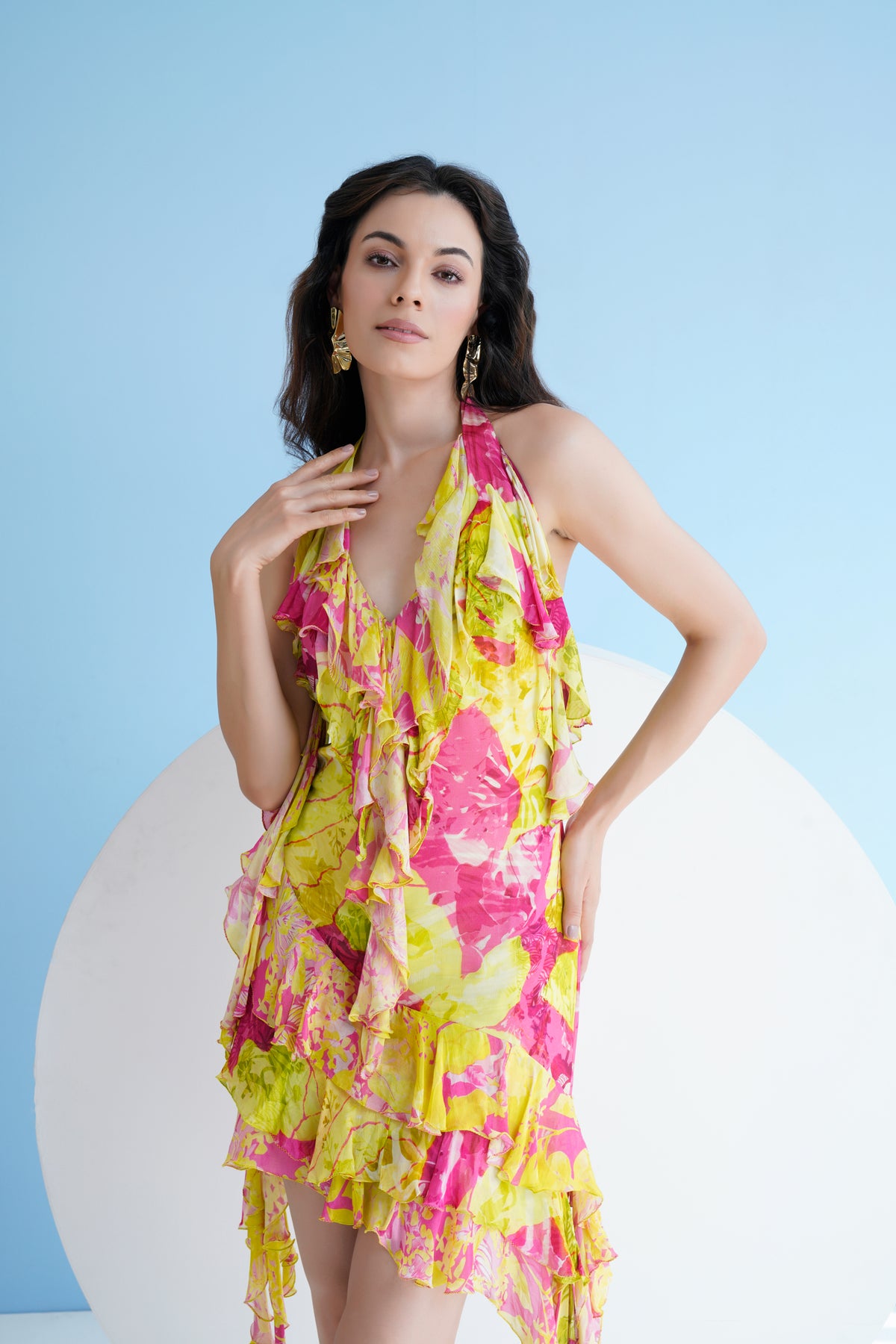 Neon Pink Floral Printed Halter Dress