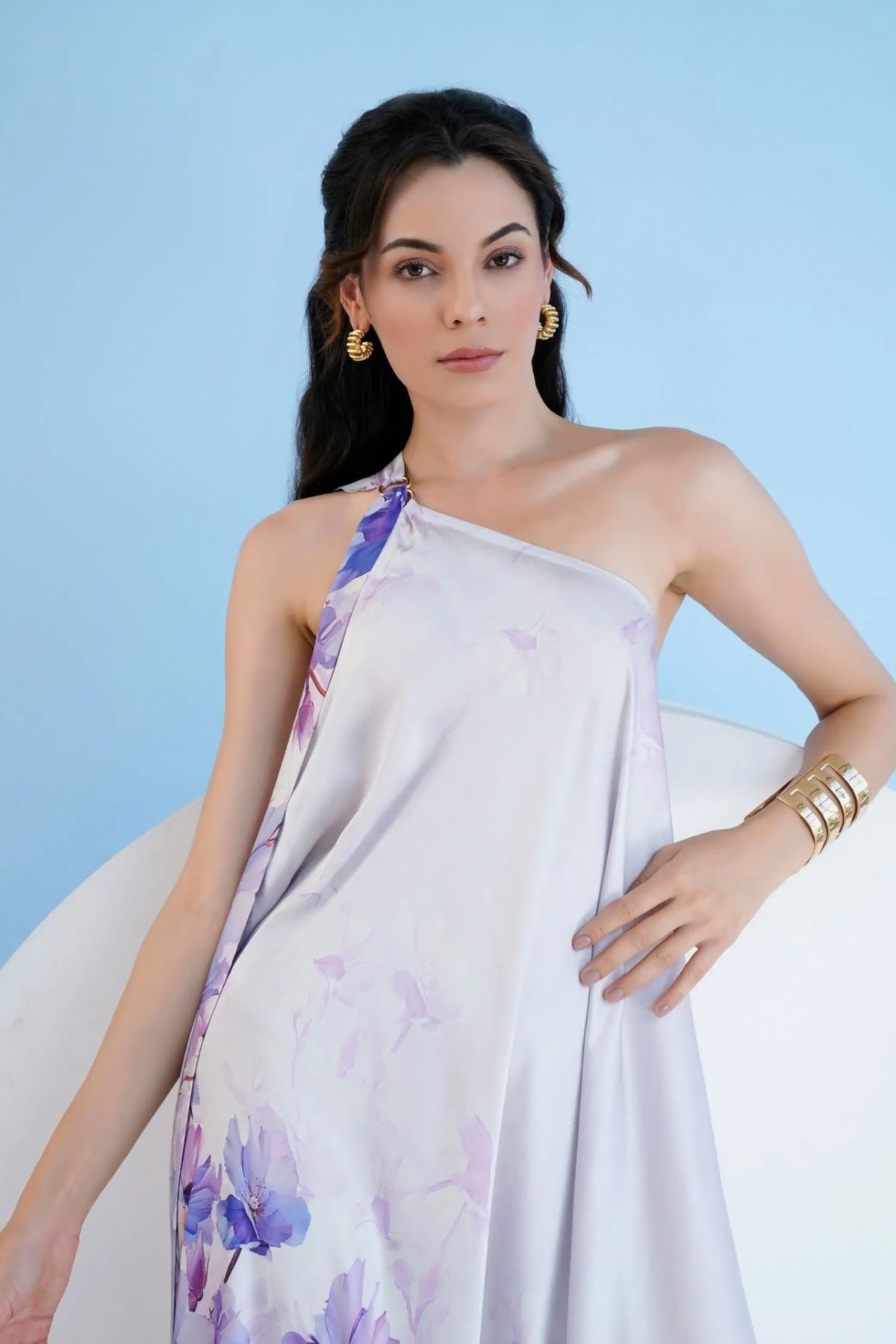 Lilac Bauhinia Printed One Shoulder High Low Kaftan Dress