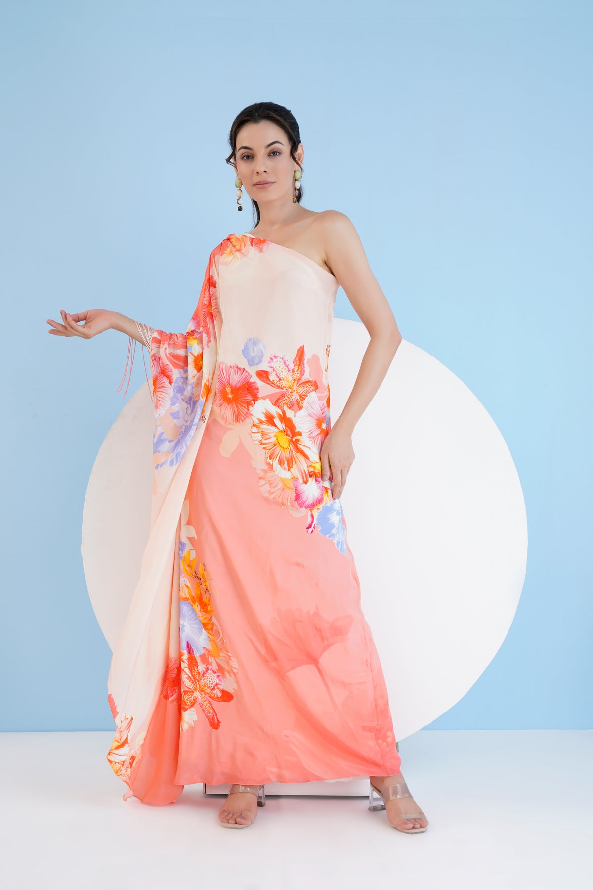 Peach Damsel One Shoulder Long Kaftan