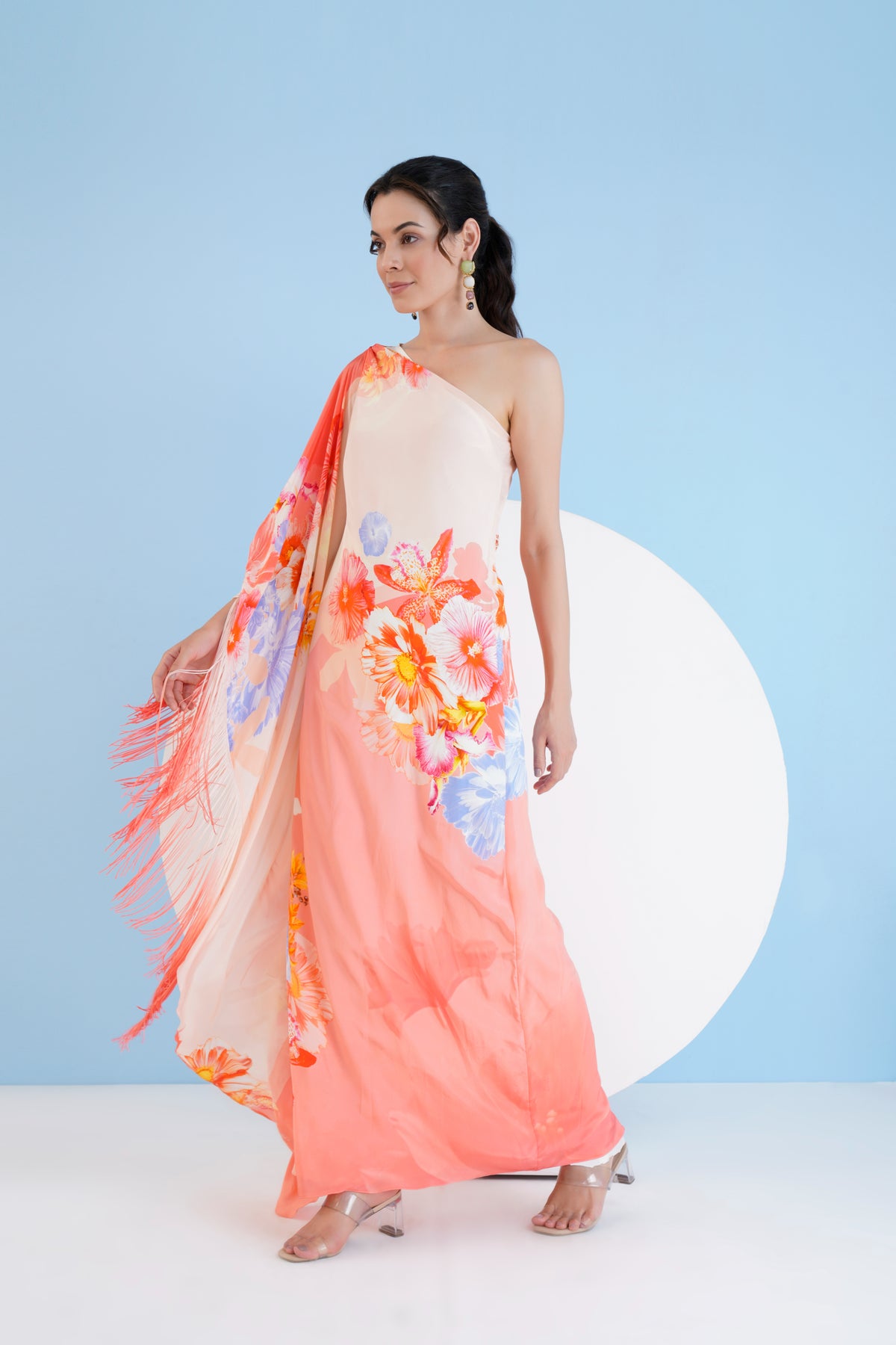 Peach Damsel One Shoulder Long Kaftan