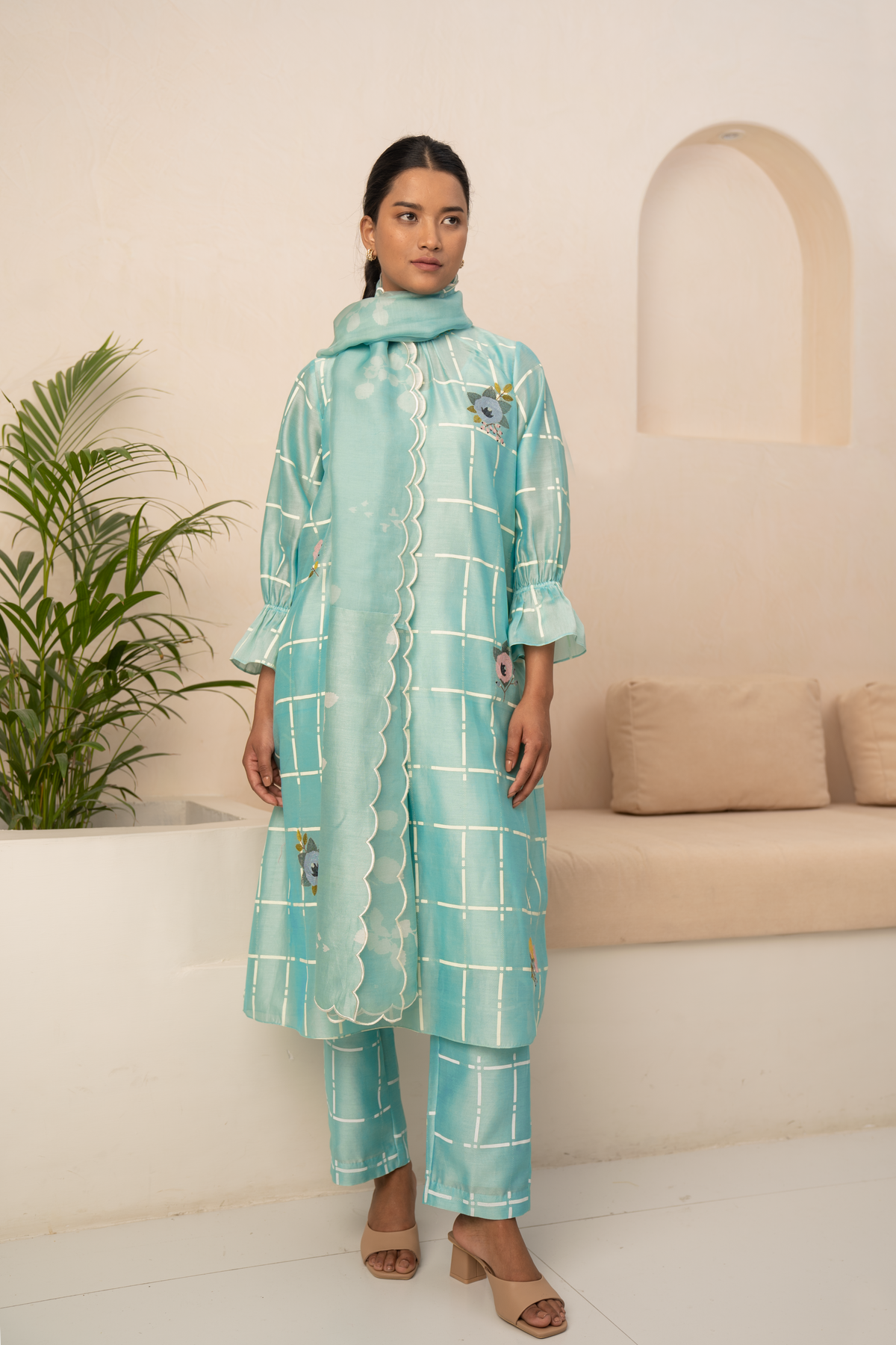 Mint Blue Checks Printed Kurta Set