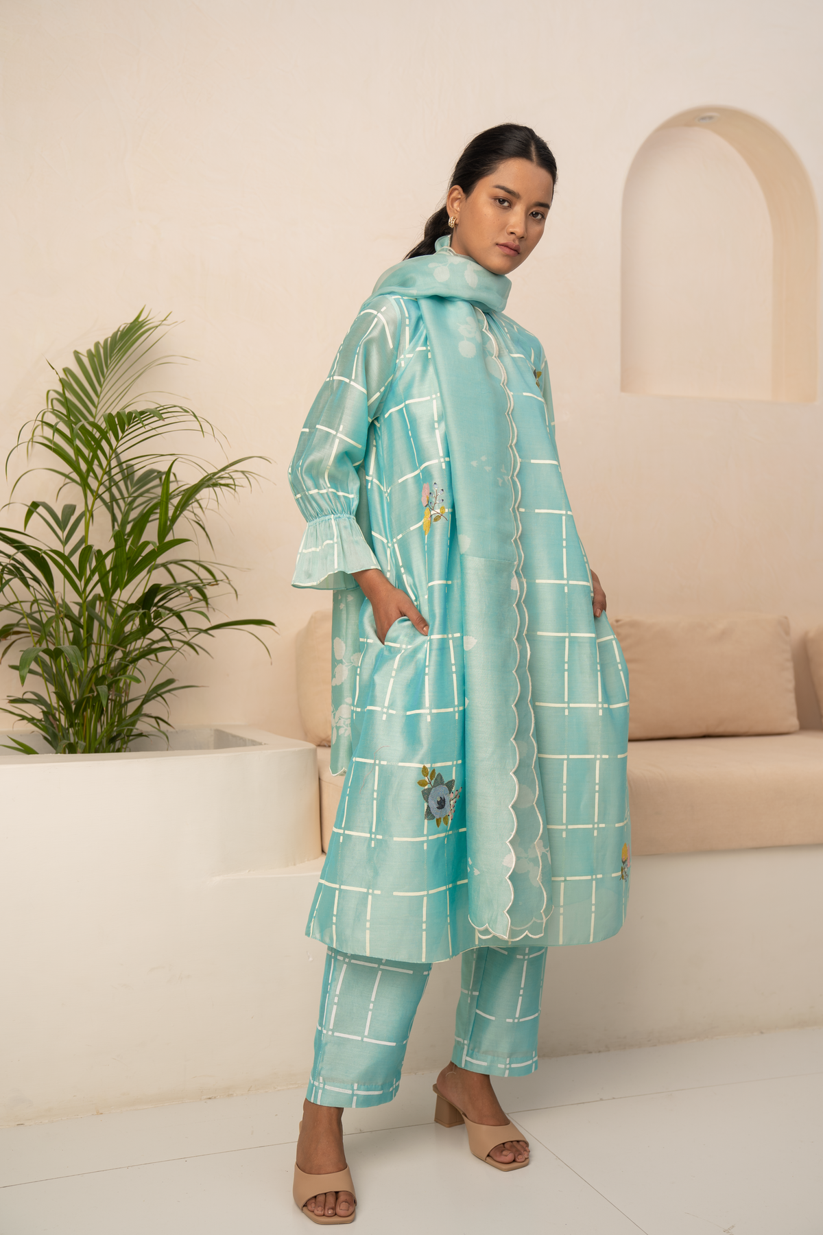 Mint Blue Checks Printed Kurta Set