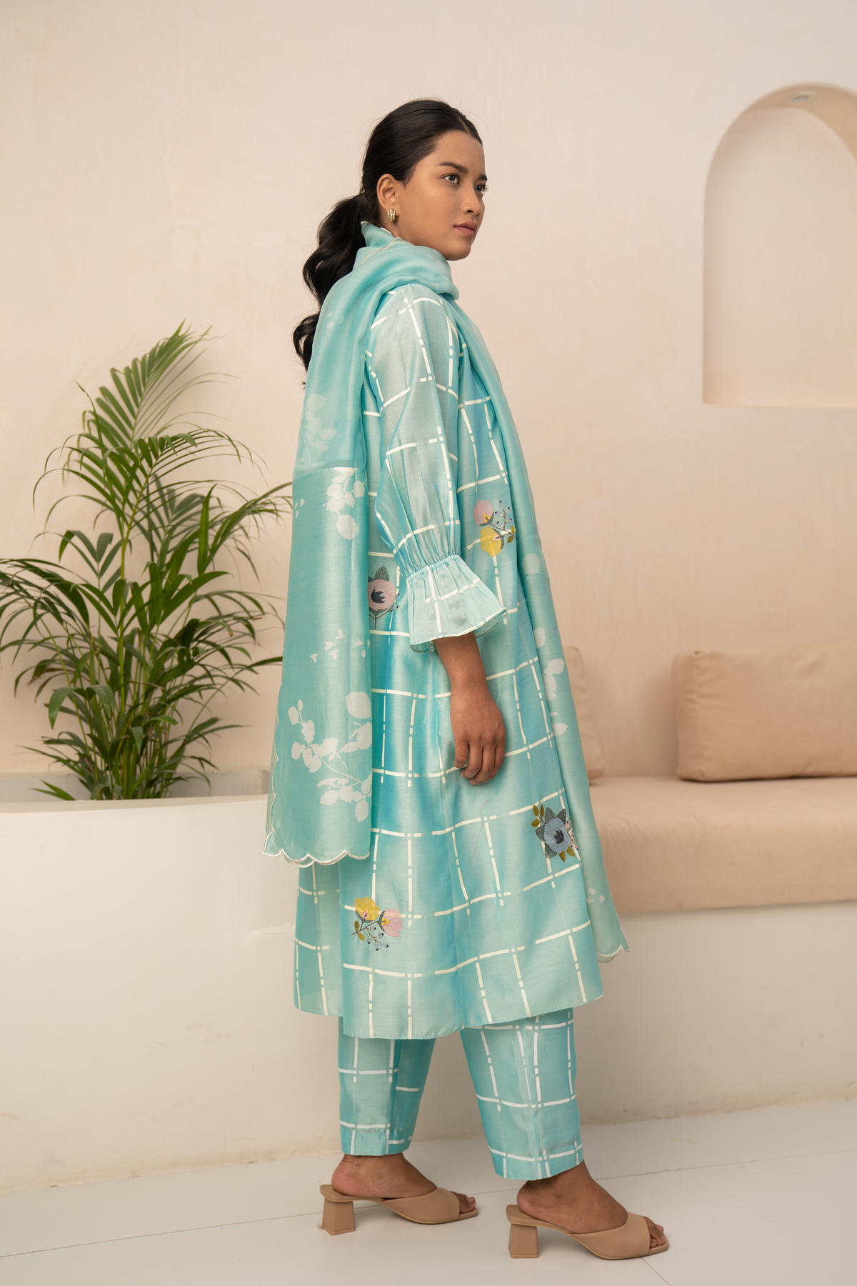 Mint Blue Checks Printed Kurta Set