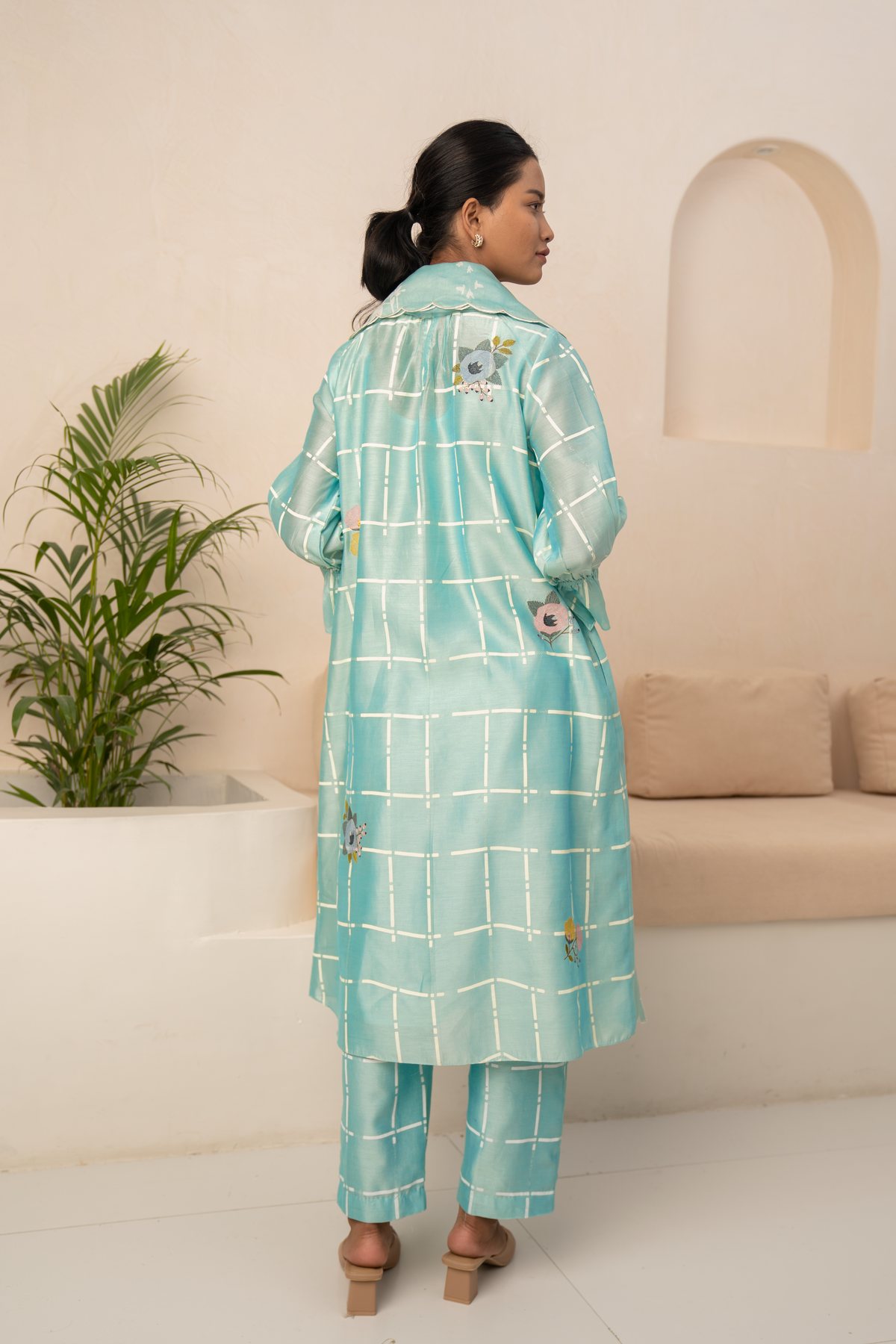 Mint Blue Checks Printed Kurta Set