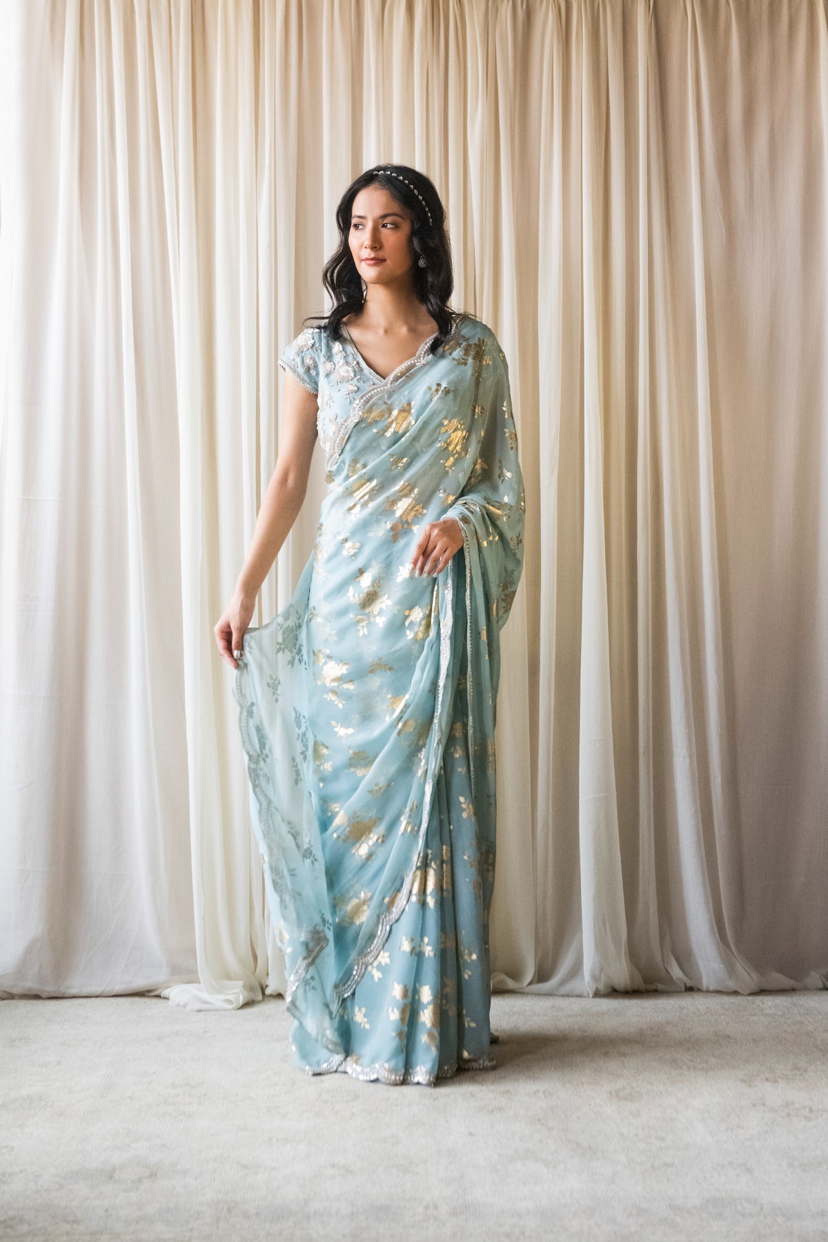 Citrus Blue Foil Print Saree