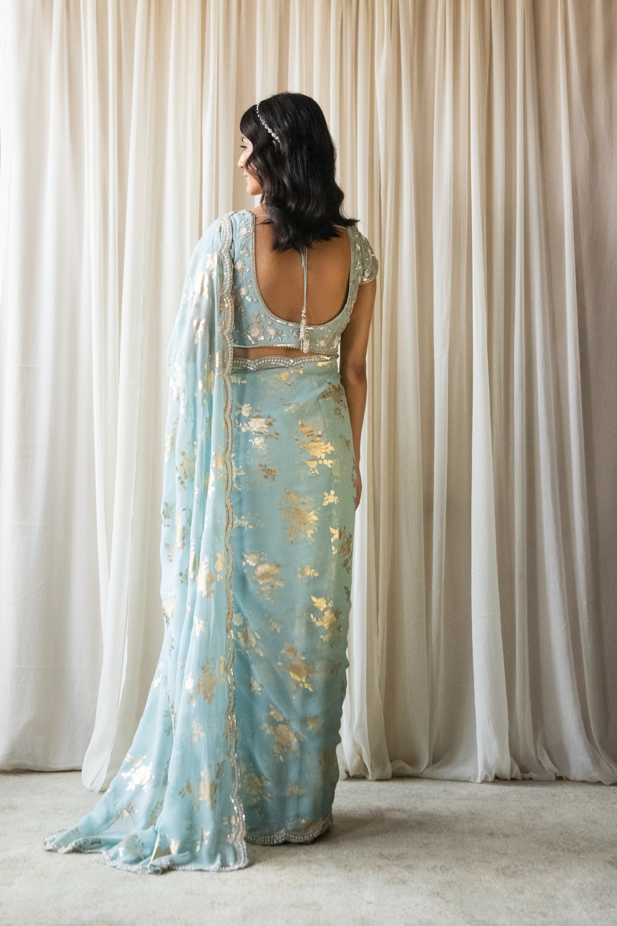 Citrus Blue Foil Print Saree