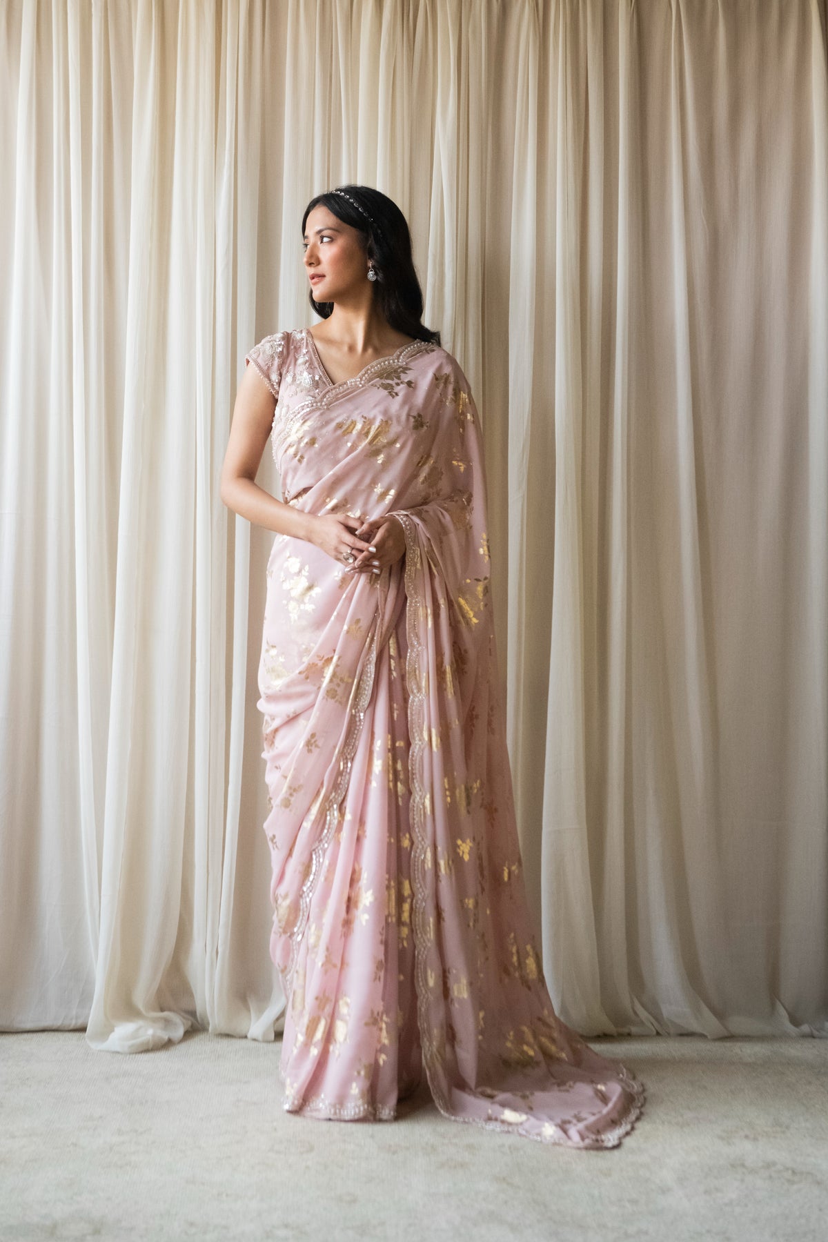 Pink Foil Print Saree