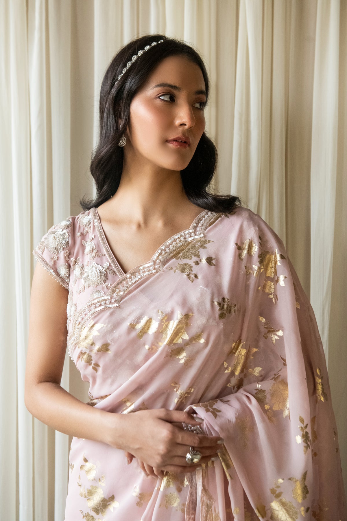 Pink Foil Print Saree