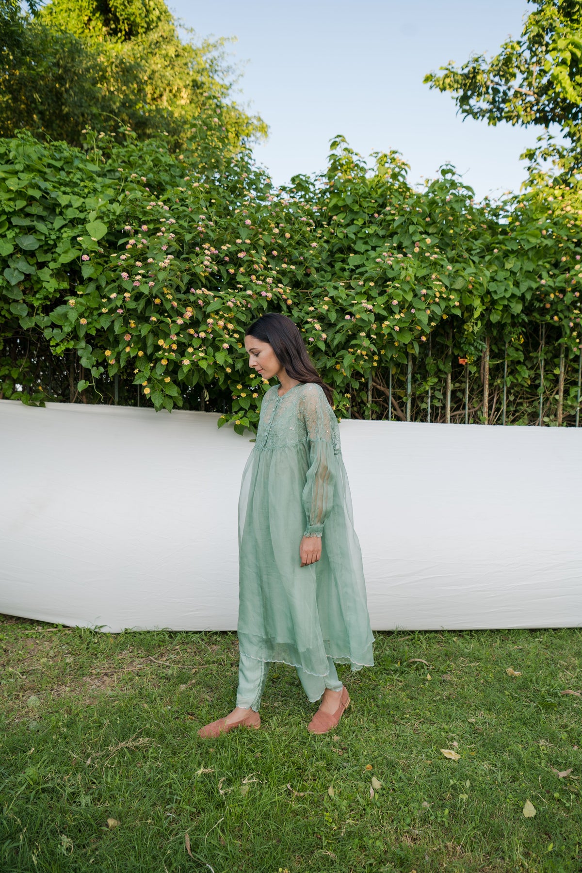 Green Trousers With Organza Trim