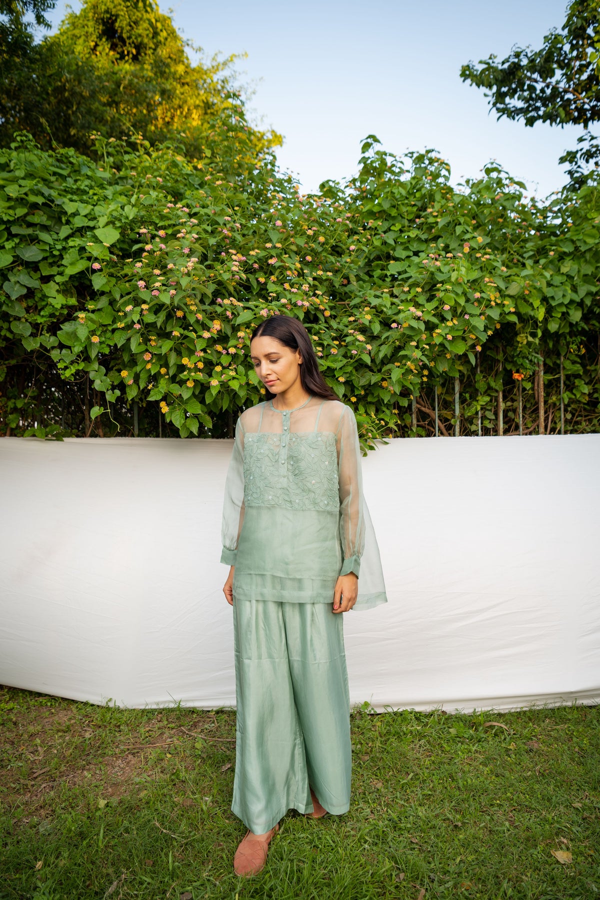 Green Top With Embroidered Panel