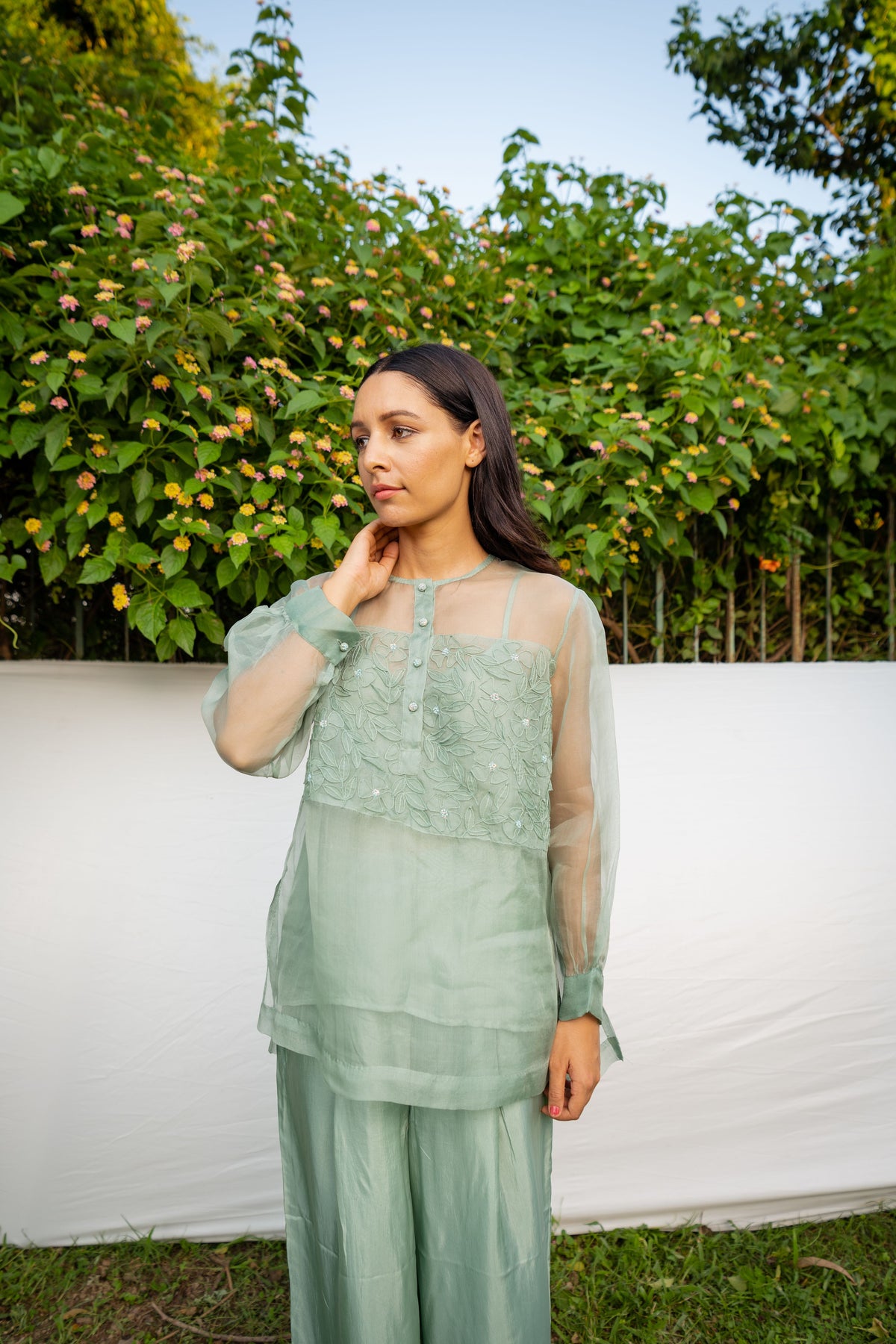 Green Top With Embroidered Panel