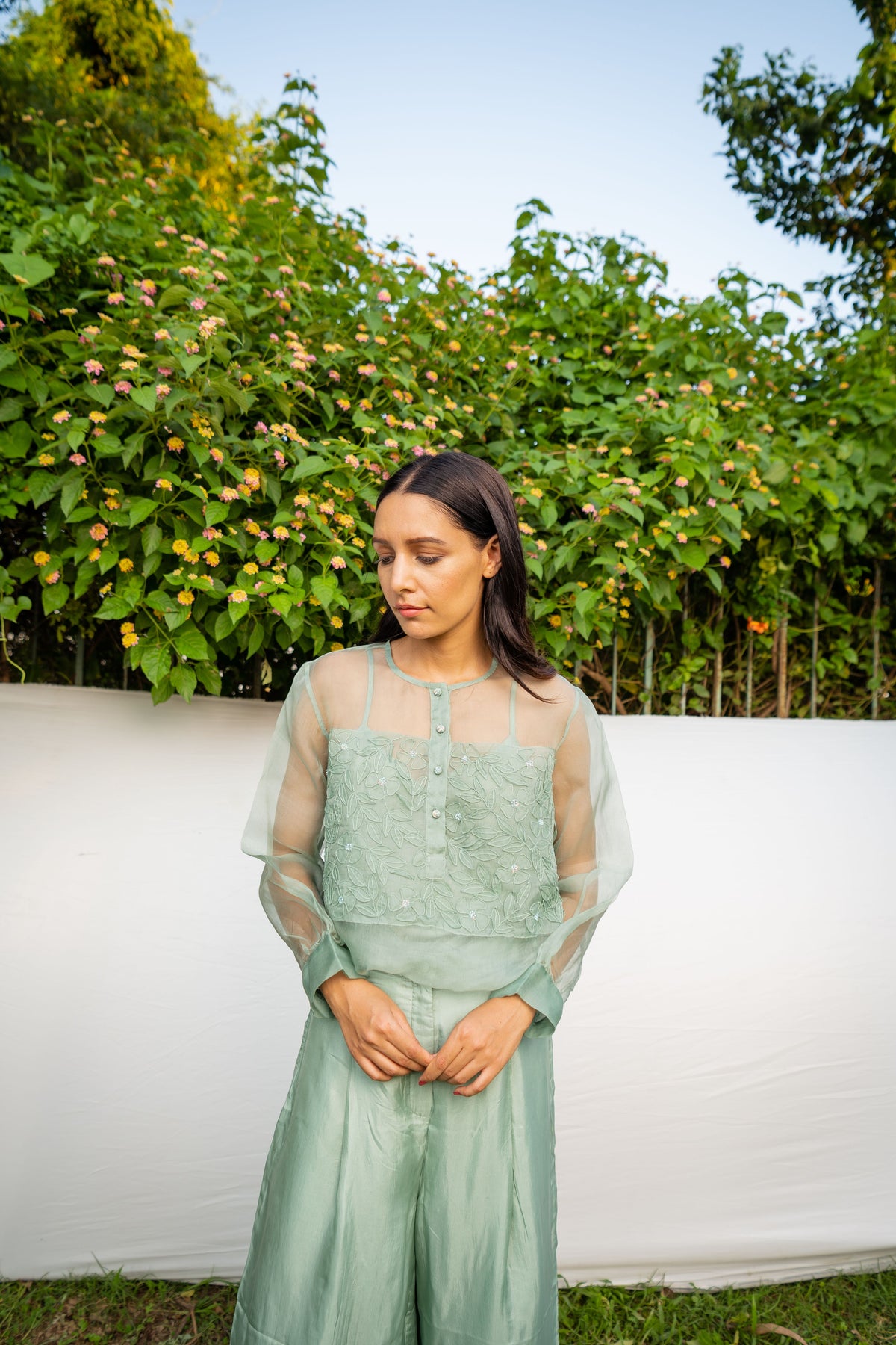 Green Top With Embroidered Panel