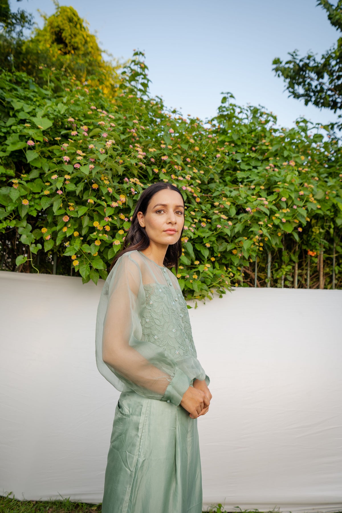 Green Top With Embroidered Panel