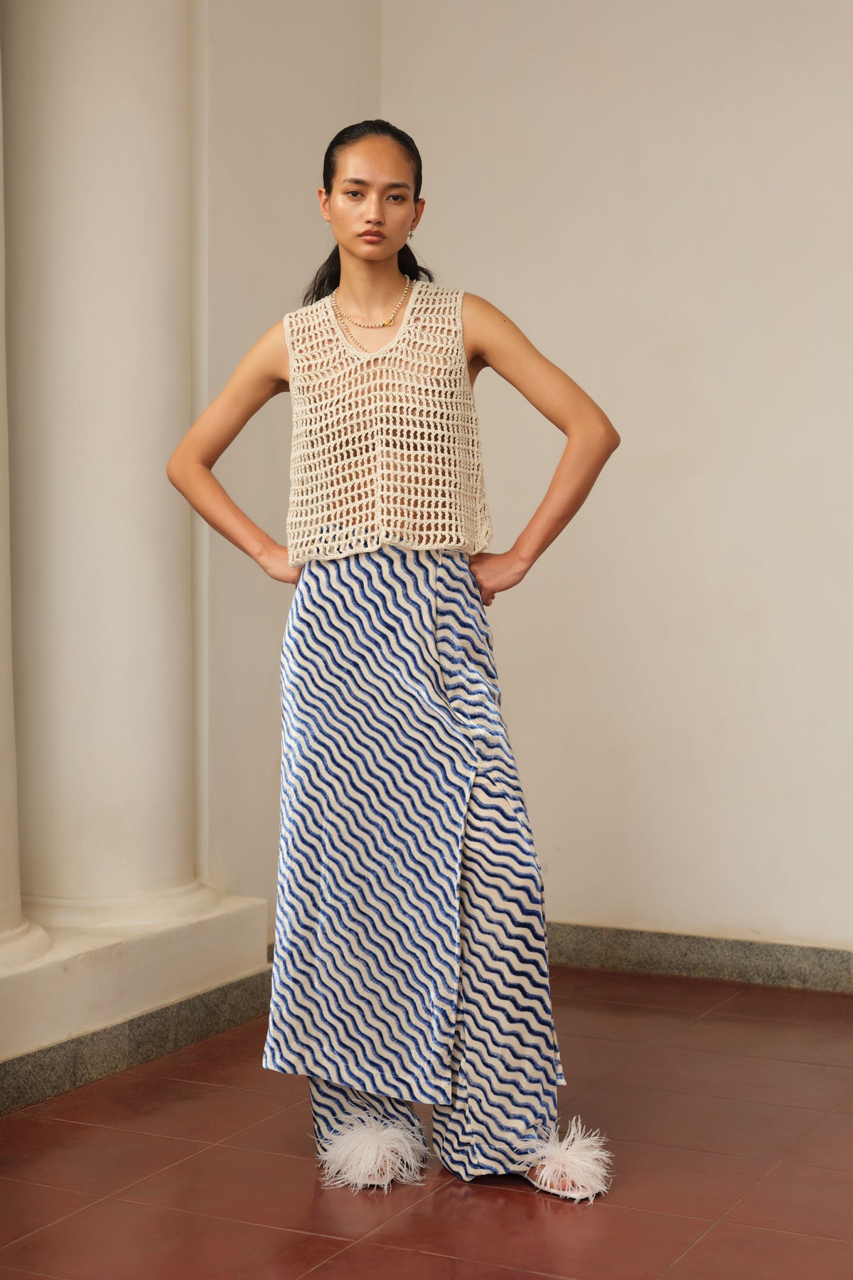 Blue and Off White Silk Skirt