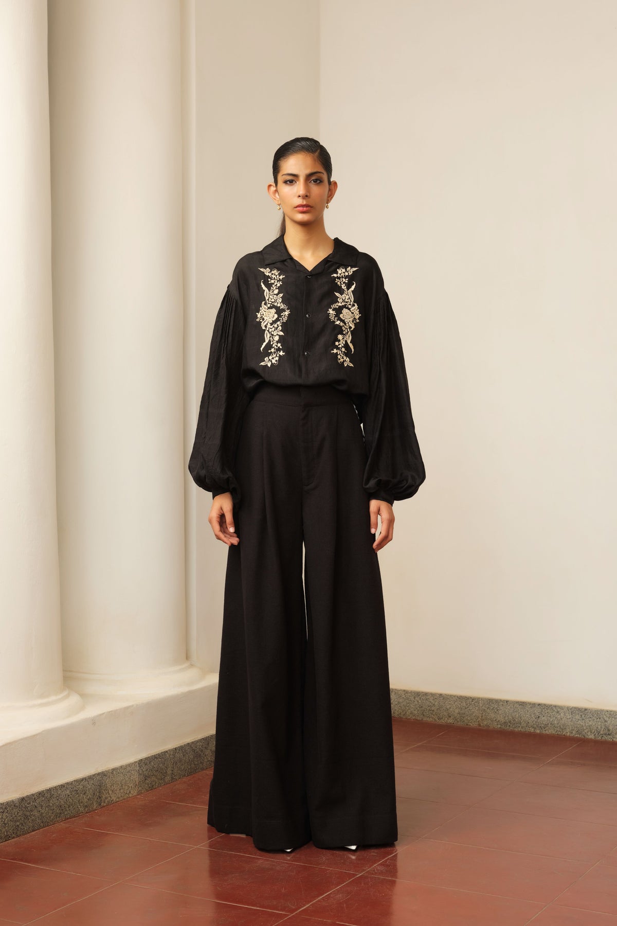 Embroidered Silk Blouse and Trousers