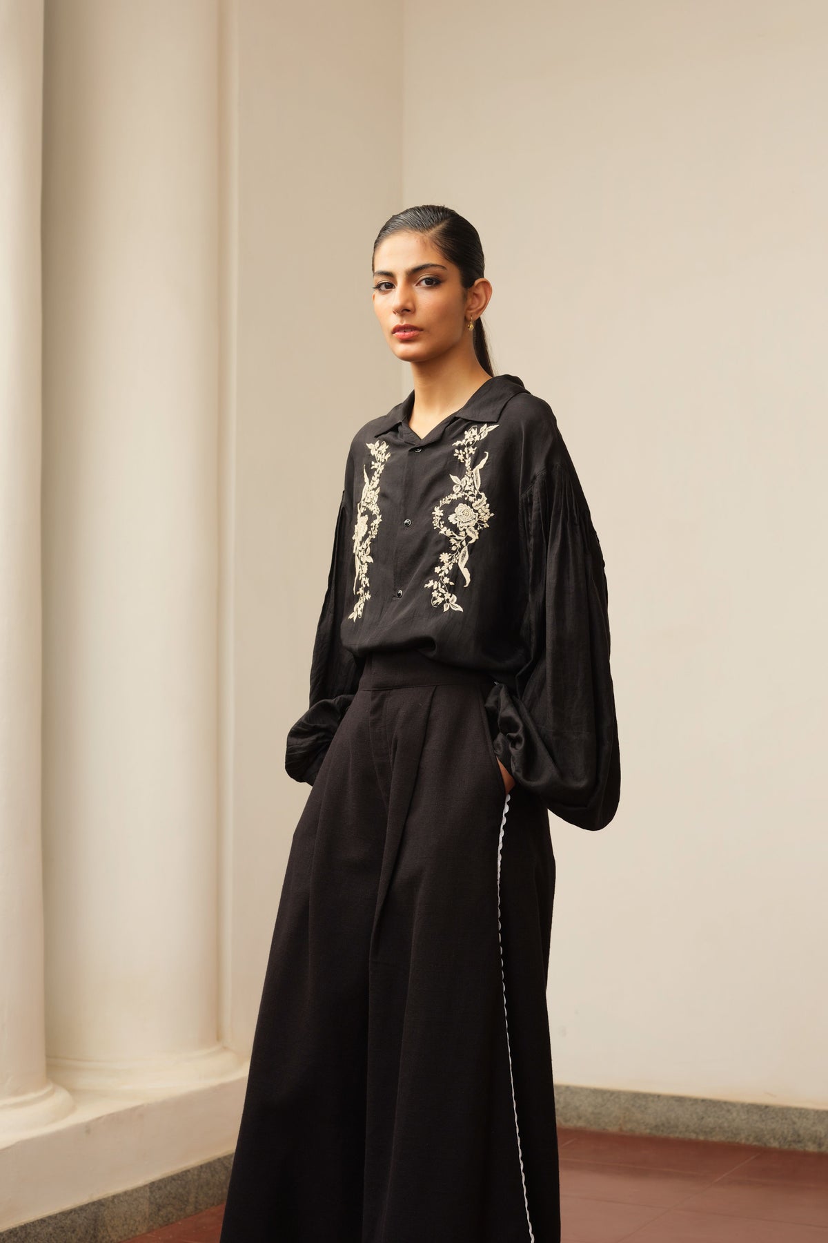 Embroidered Silk Blouse and Trousers