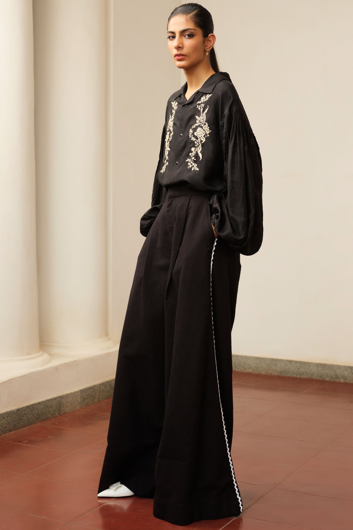 Embroidered Silk Blouse and Trousers