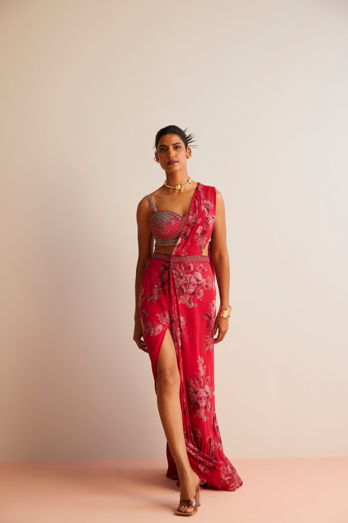 Red Rumi Pre-draped Saree