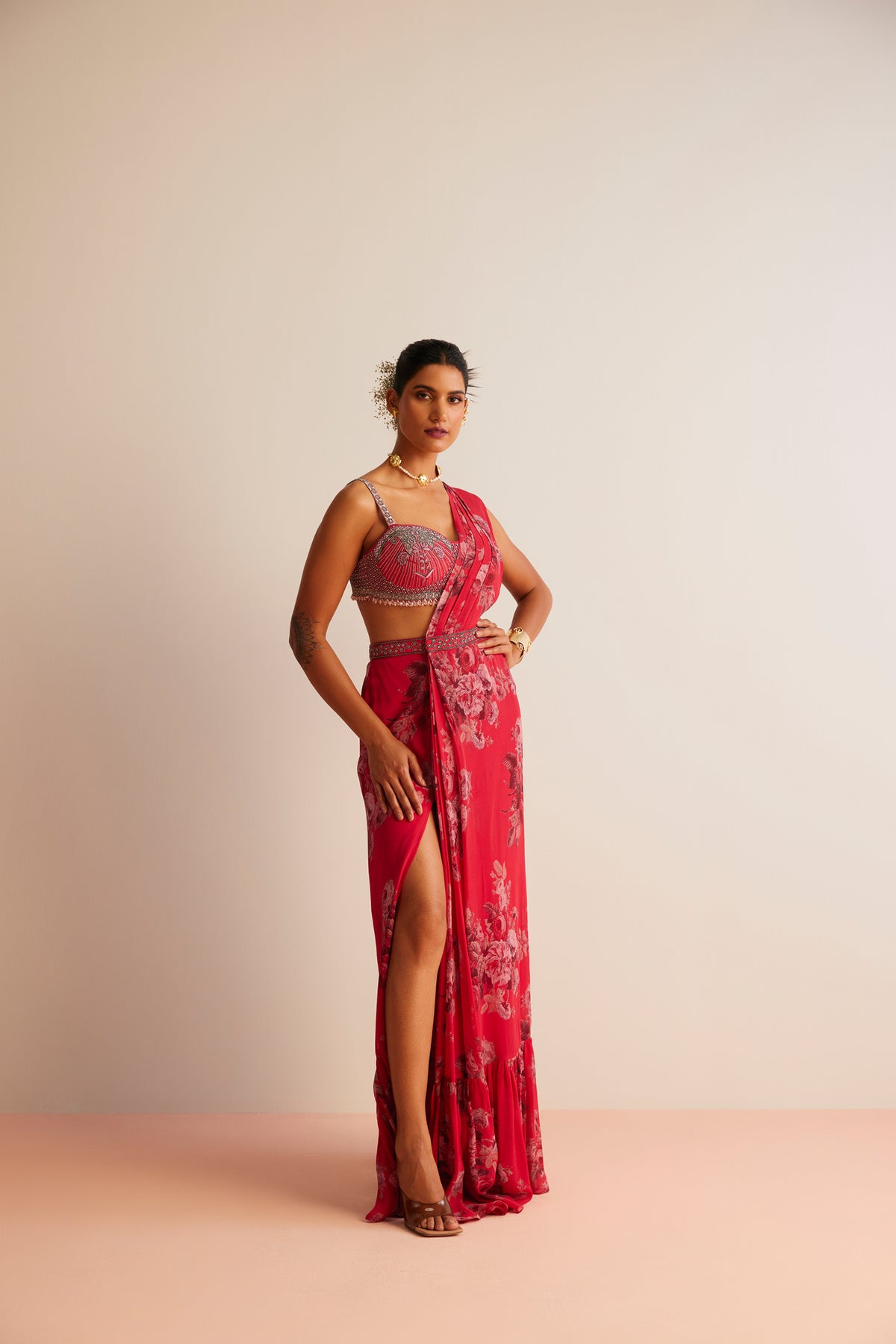 Red Rumi Pre-draped Saree