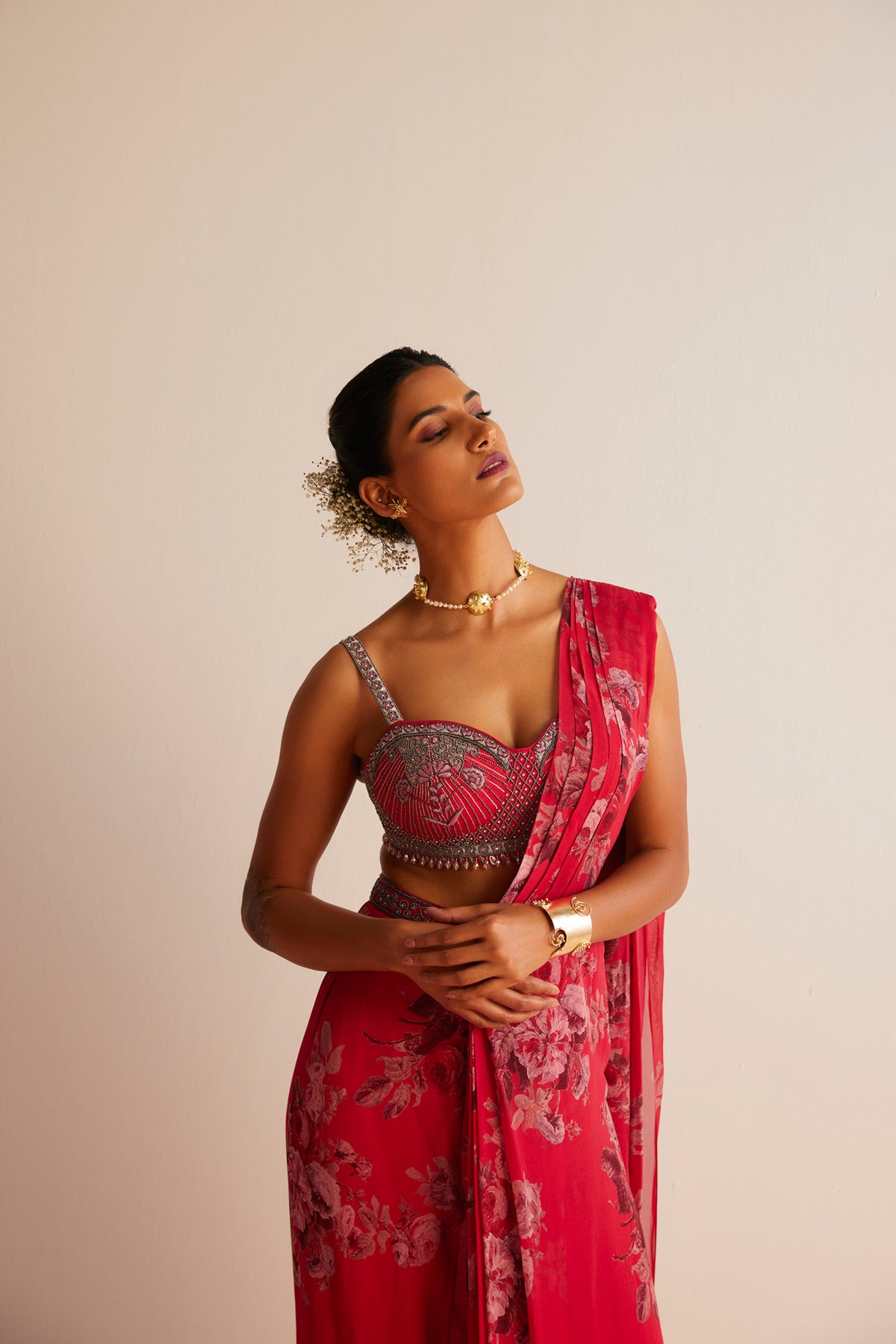 Red Rumi Pre-draped Saree