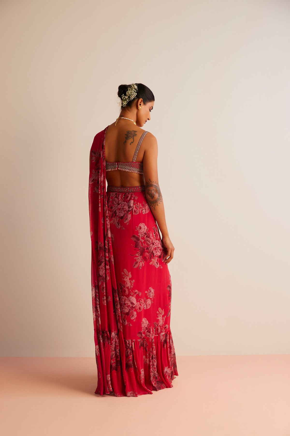 Red Rumi Pre-draped Saree