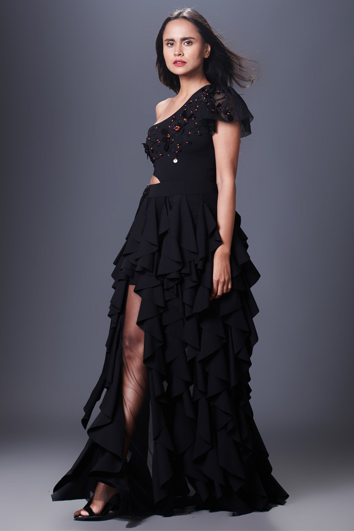 Black One Shoulder  Ruffle Dress