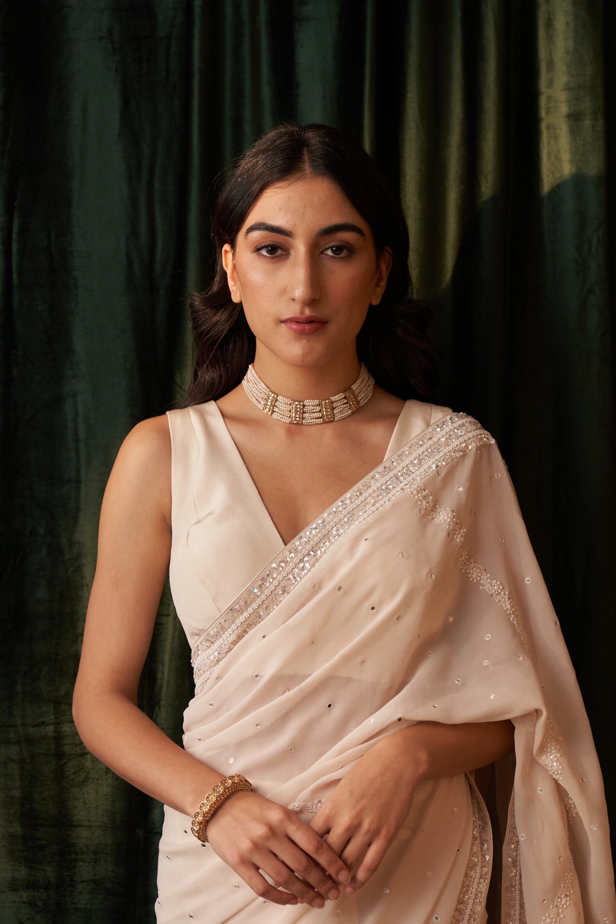 Ivory Chiffon Chikankari Saree