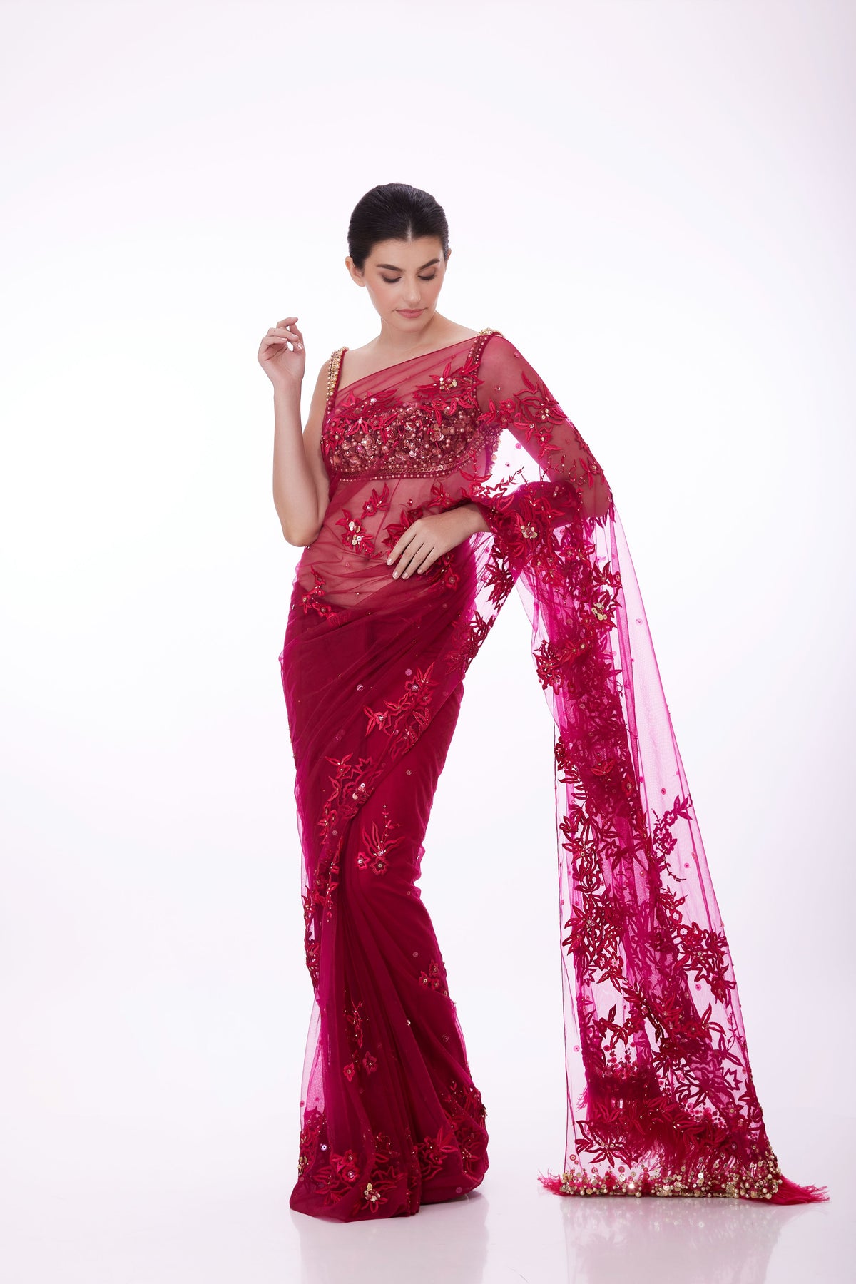 Ruby Net Saree With Petticoat