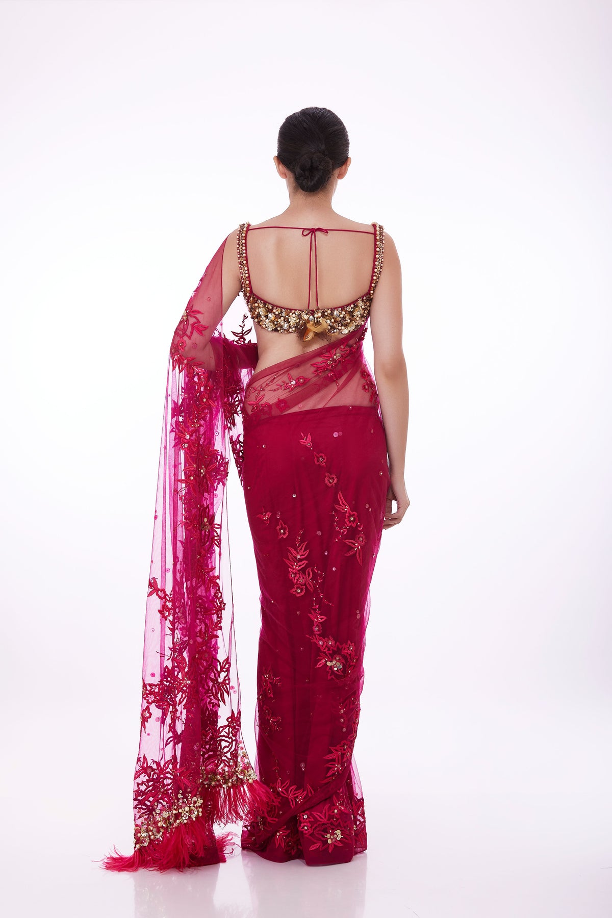 Ruby Net Saree With Petticoat