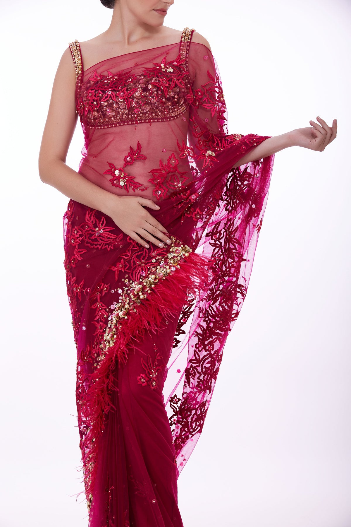 Ruby Net Saree With Petticoat