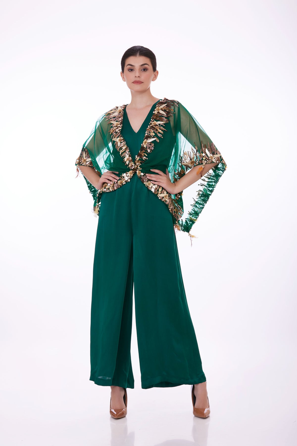 Green Sequins Kaftan With Jumpsuit