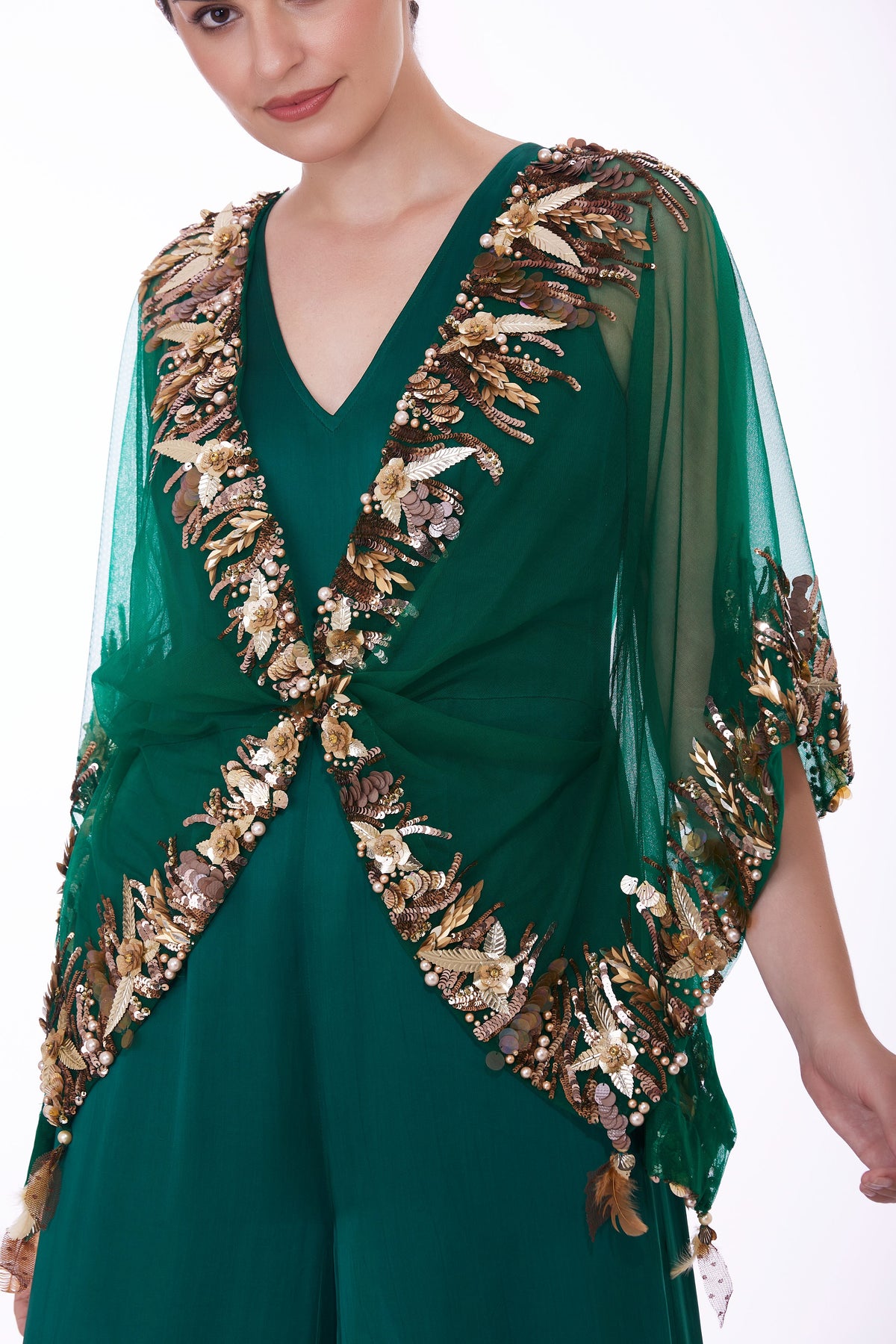 Green Sequins Kaftan With Jumpsuit