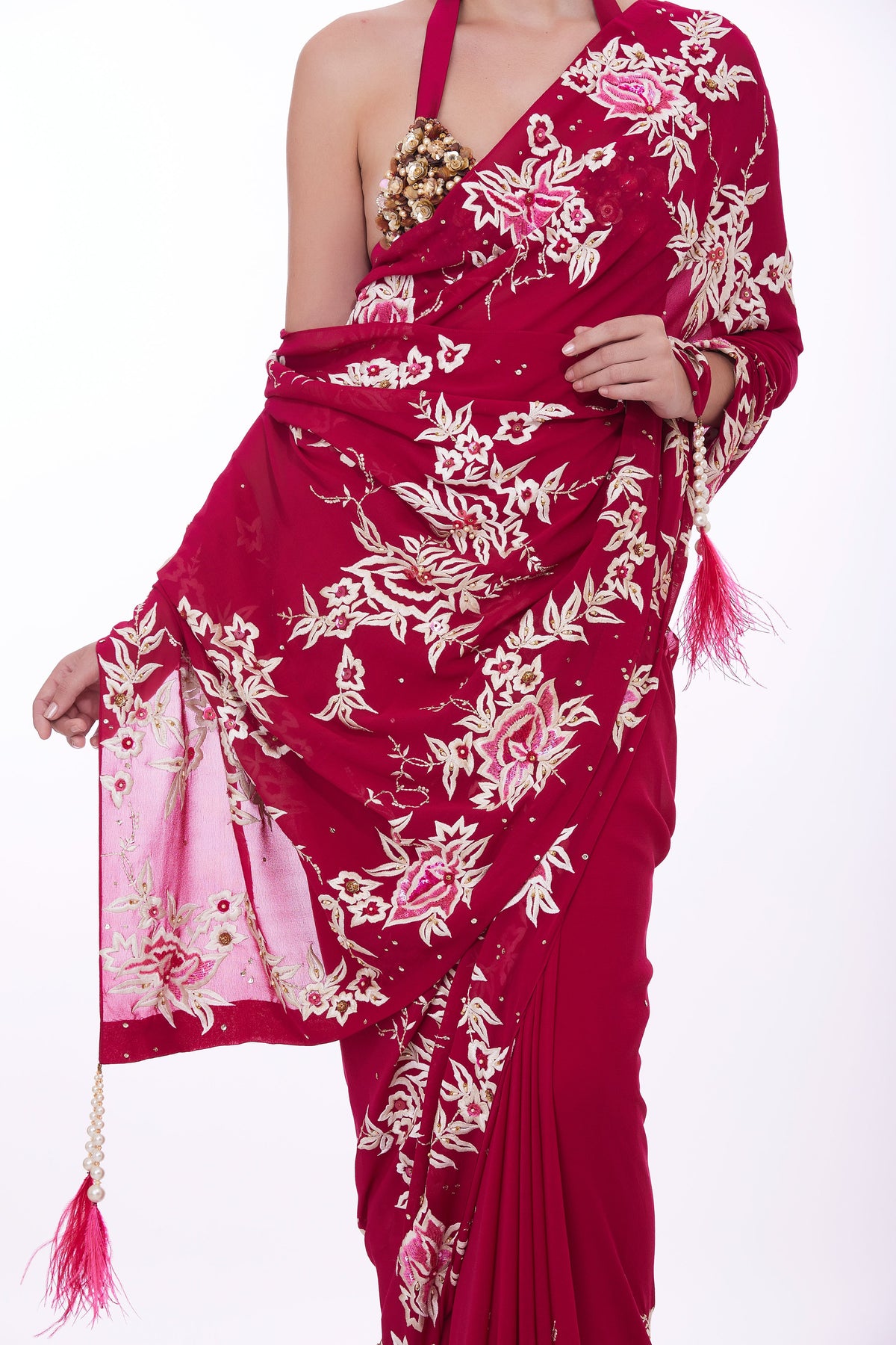 Ruby Flower Saree With Petticoat
