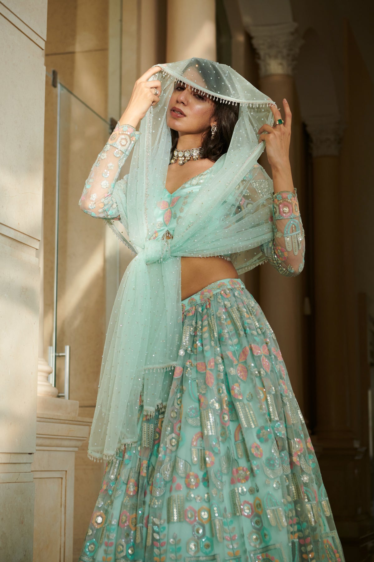 Blue Motif Lehenga Set