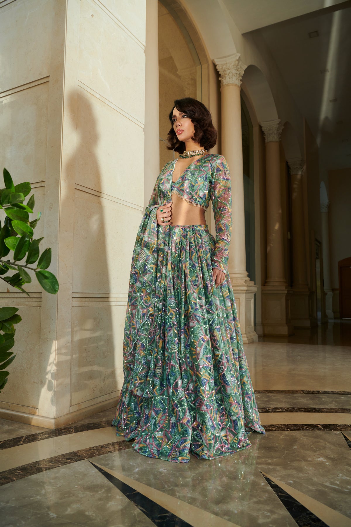 Green Cut Work Lehenga Set