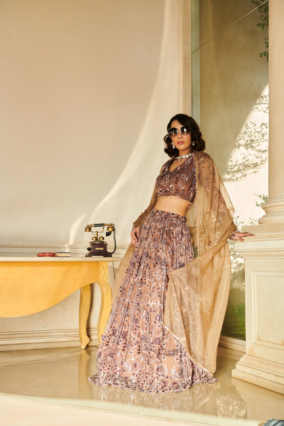 Brown Net Lehenga Set