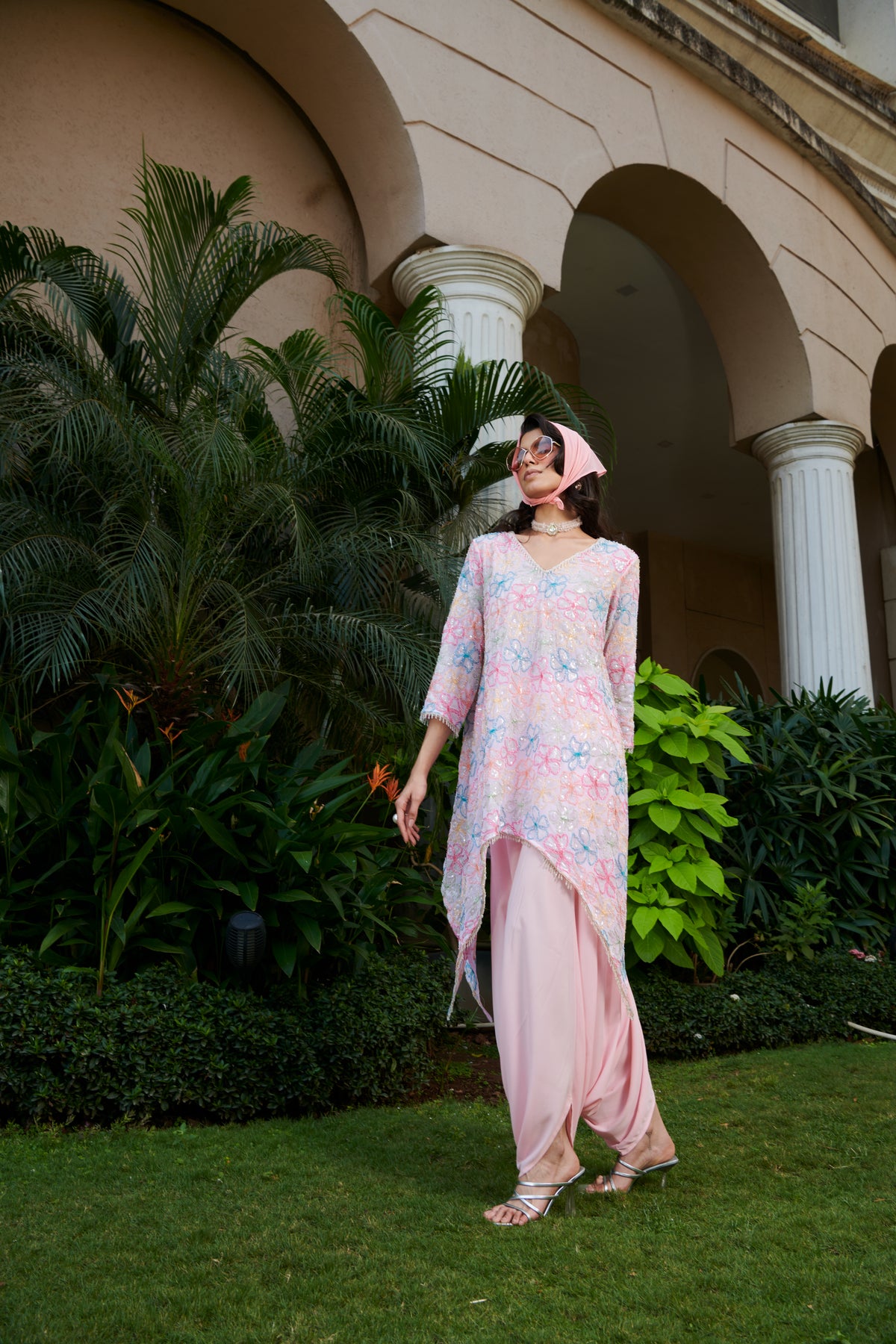 Pink Flower  Kurta And Dhoti