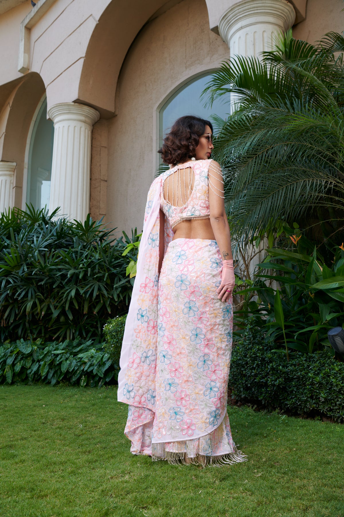 Pink Flower Saree Set