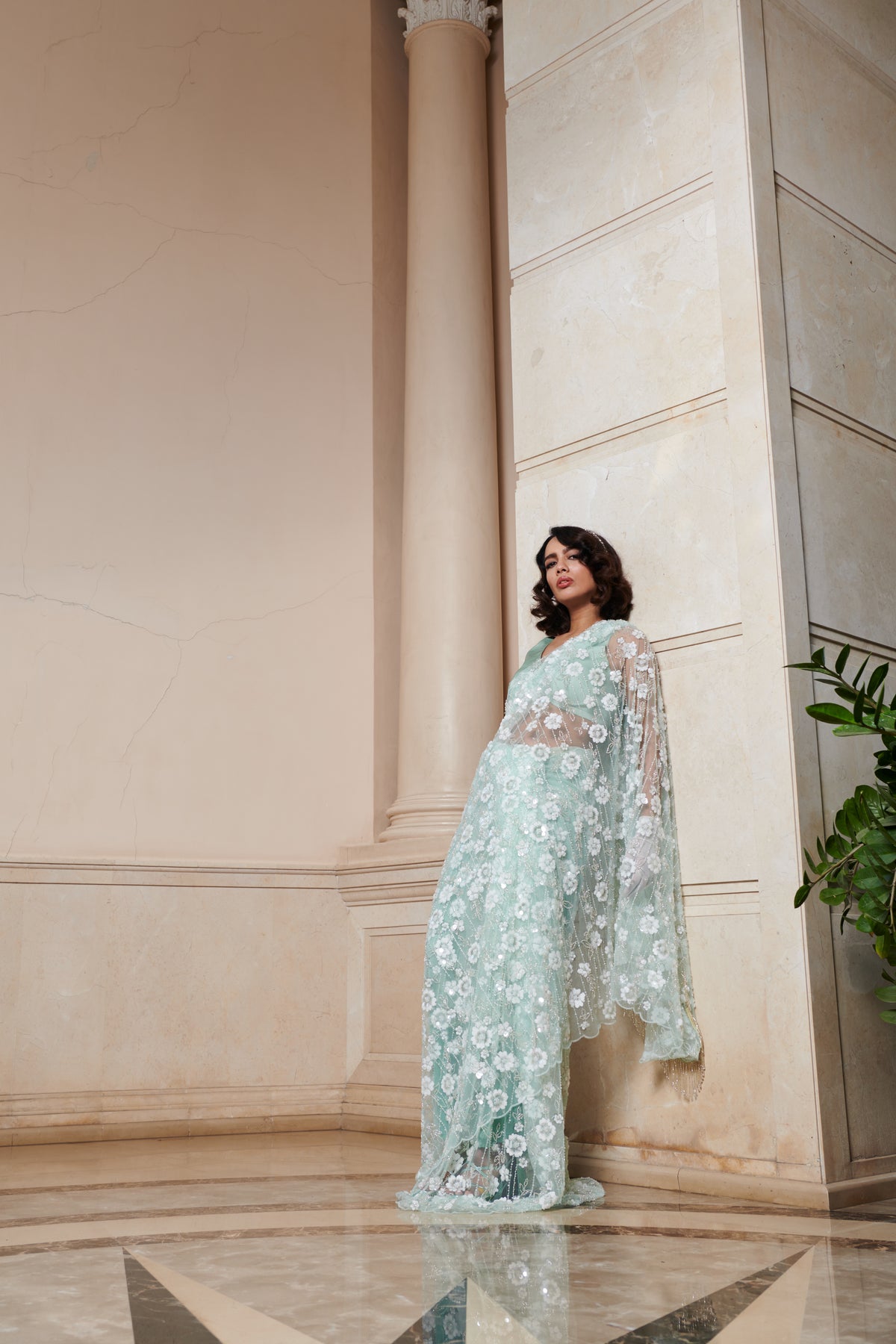 Mint Embroidered Saree Set