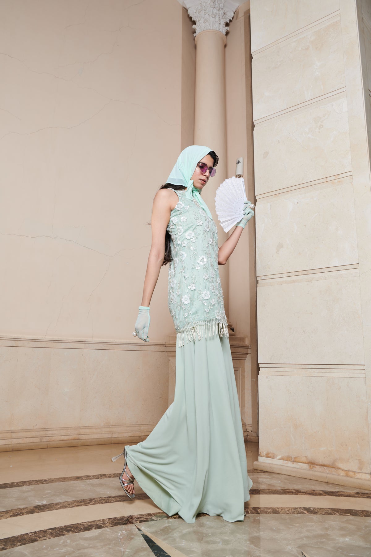 Mint Net Dress And Georgette Pant