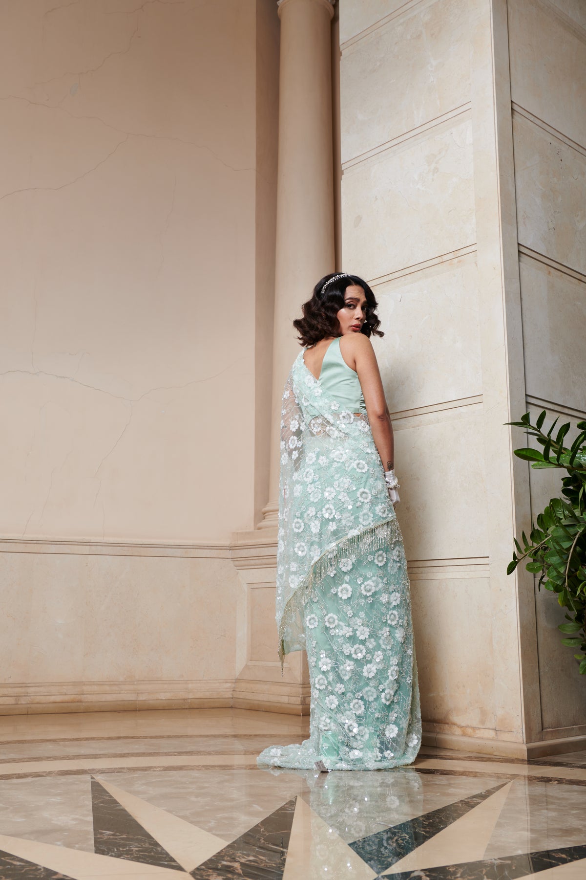 Mint Embroidered Saree Set