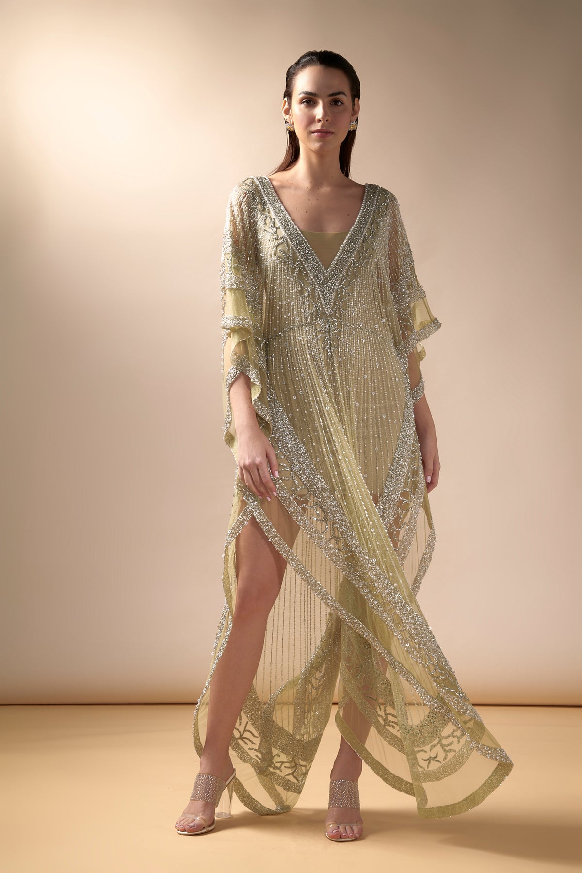 Crystal Embellished Kaftan in Lime