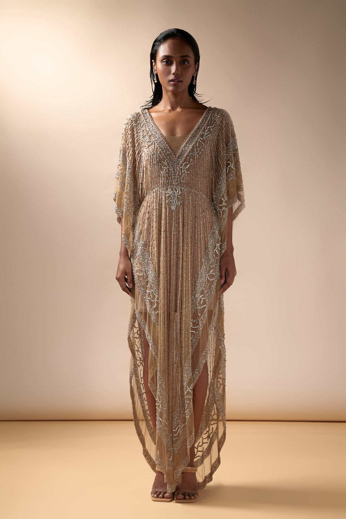 Nude Crystal Embellished Caftan